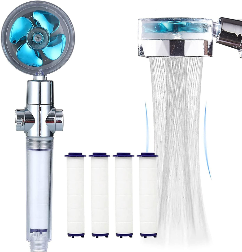 High-Pressure Handheld Showerhead — Features a built-in filtration system utilizing vortex jet and turbine propeller technology for enhanced pressure; supports full 360-degree rotation.
