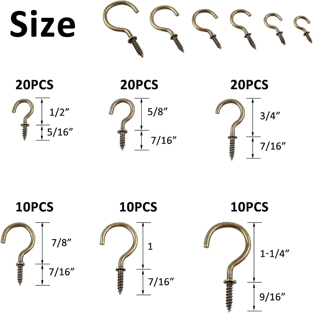 90 Pcs Ceiling Hooks kit, 6 Sizes Screw-in Ceiling Hooks, Plant Hooks Kitchen Hooks Cup Hooks Ceiling Hooks for Hanging (1/2", 5/8",3/4",7/8",1'',1-1/4") (Bronze)