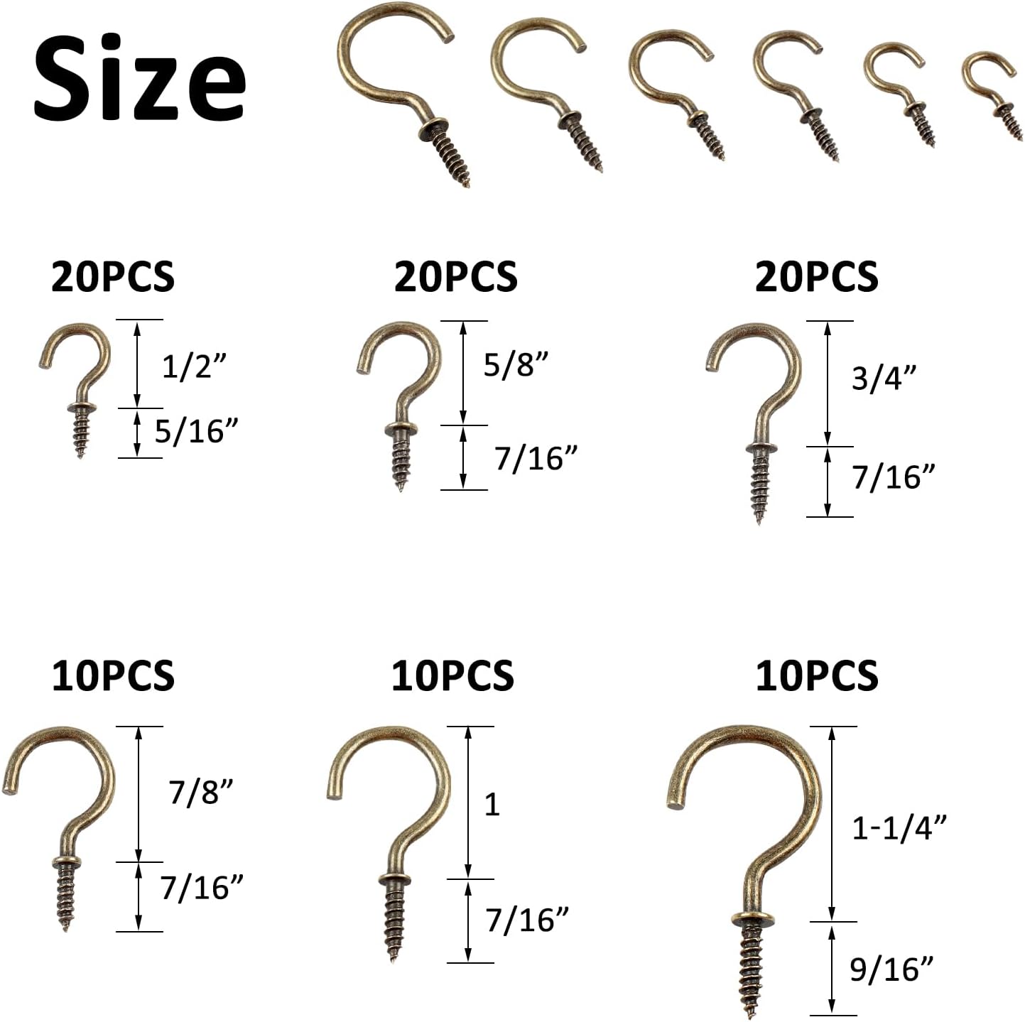90 Pcs Ceiling Hooks kit, 6 Sizes Screw-in Ceiling Hooks, Plant Hooks Kitchen Hooks Cup Hooks Ceiling Hooks for Hanging (1/2", 5/8",3/4",7/8",1'',1-1/4") (Bronze)