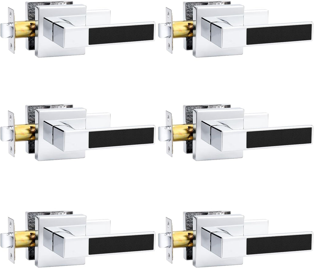Square Door Handle with Black Leather Hand Lever, Heavy Duty Keyless Passage Interior Door Levers for Hallway or Closet (Polished Chrome, 6 Pack)