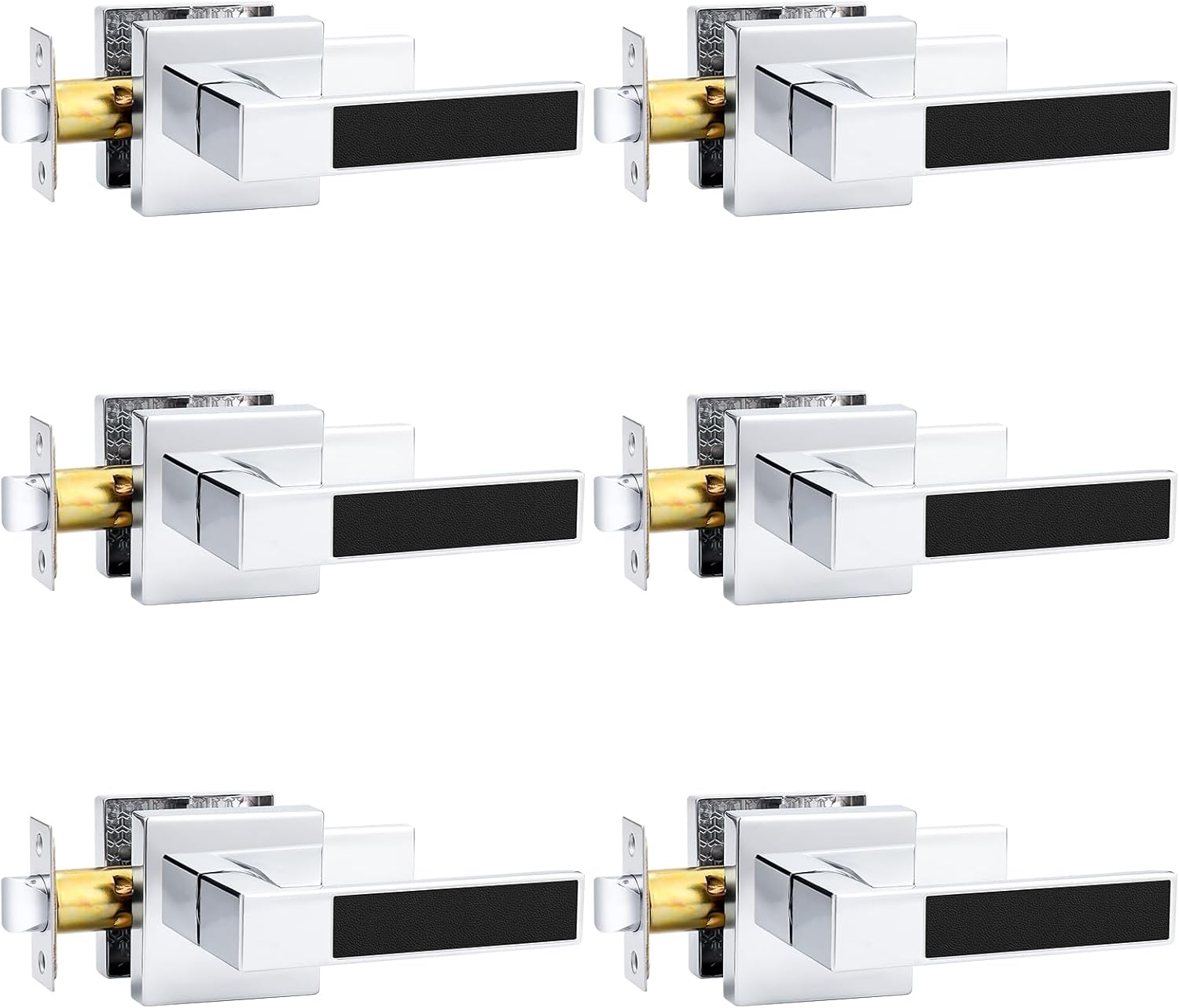 Square Door Handle with Black Leather Hand Lever, Heavy Duty Keyless Passage Interior Door Levers for Hallway or Closet (Polished Chrome, 6 Pack)
