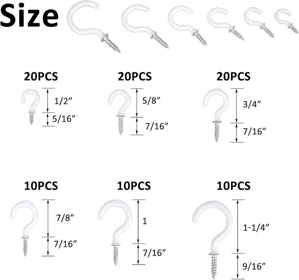 90 Pcs White Ceiling Hooks kit, 6 Sizes Vinyl Coated Screw-in Plant, Kitchen, Cup, Ceiling Hooks for Hanging (1/2in, 5/8in,3/4in,7/8in,1'',1-1/4in)
