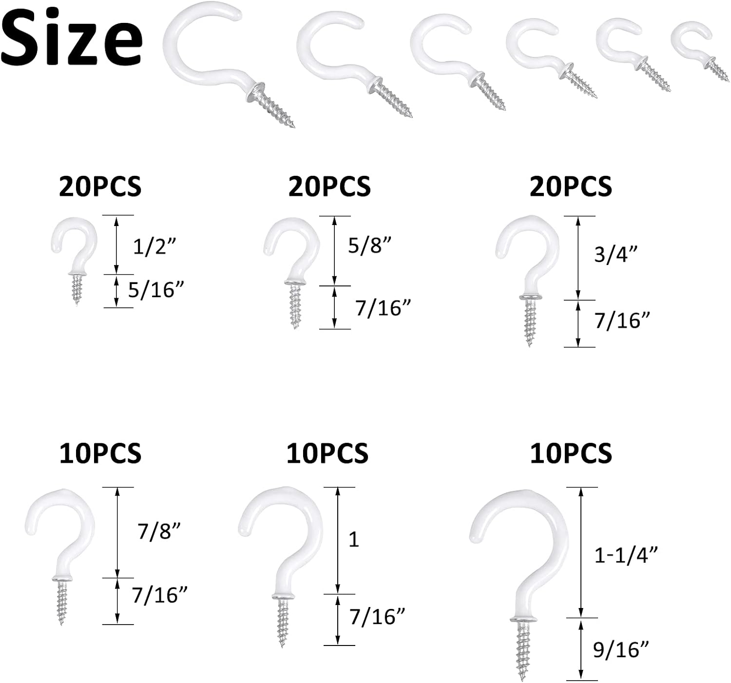 90 Pcs White Ceiling Hooks kit, 6 Sizes Vinyl Coated Screw-in Plant, Kitchen, Cup, Ceiling Hooks for Hanging (1/2in, 5/8in,3/4in,7/8in,1'',1-1/4in)
