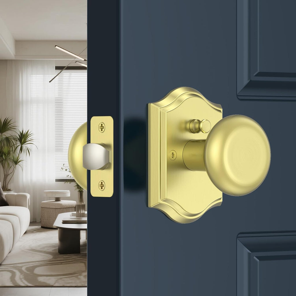 Brushed Gold Door Knob with Lock, Zinc-Alloy Heavy Duty Privacy Brass Door knobs Interior for Bedroom & Bathroom, Classic Antique Doorknobs Handle for Left or Right-Handed, 1Pack