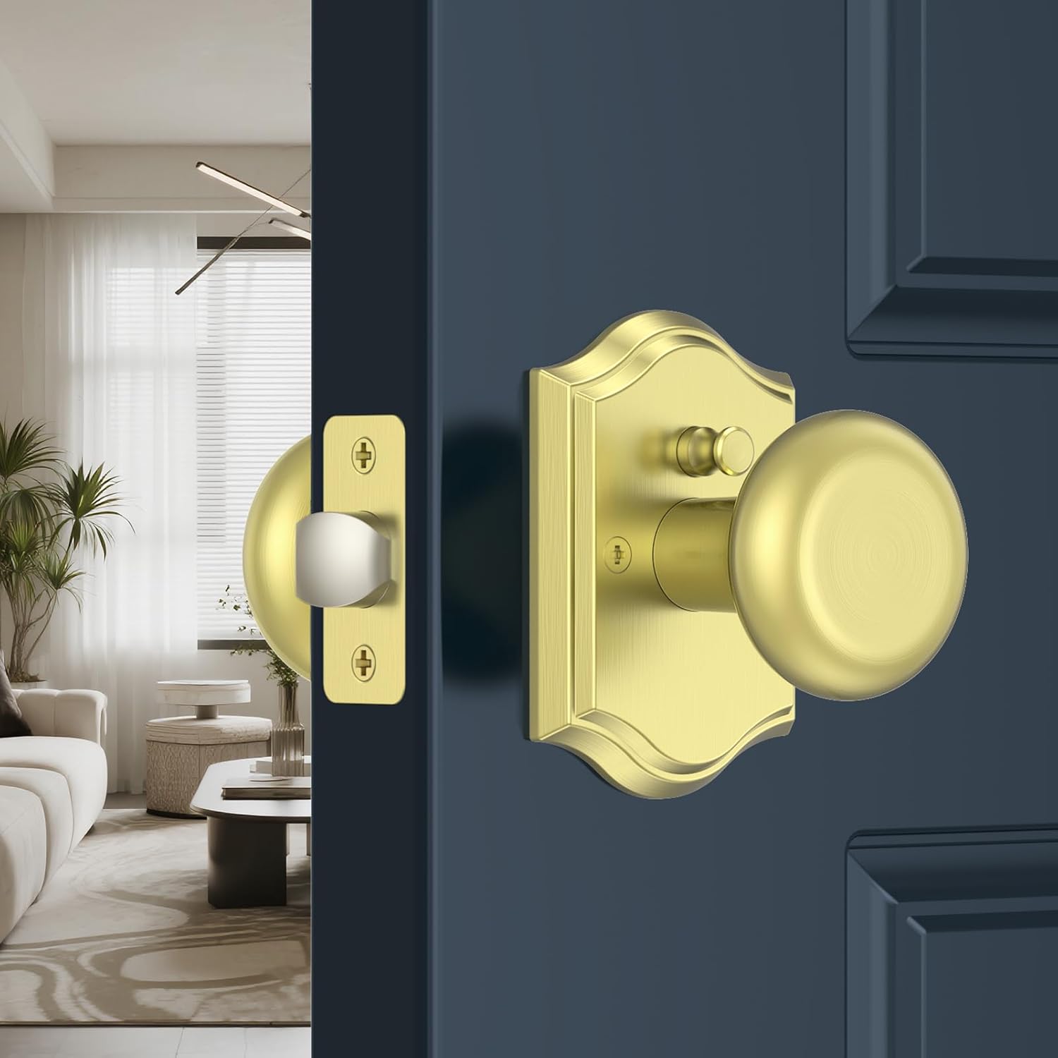 Brushed Gold Door Knob with Lock, Zinc-Alloy Heavy Duty Privacy Brass Door knobs Interior for Bedroom & Bathroom, Classic Antique Doorknobs Handle for Left or Right-Handed, 1Pack