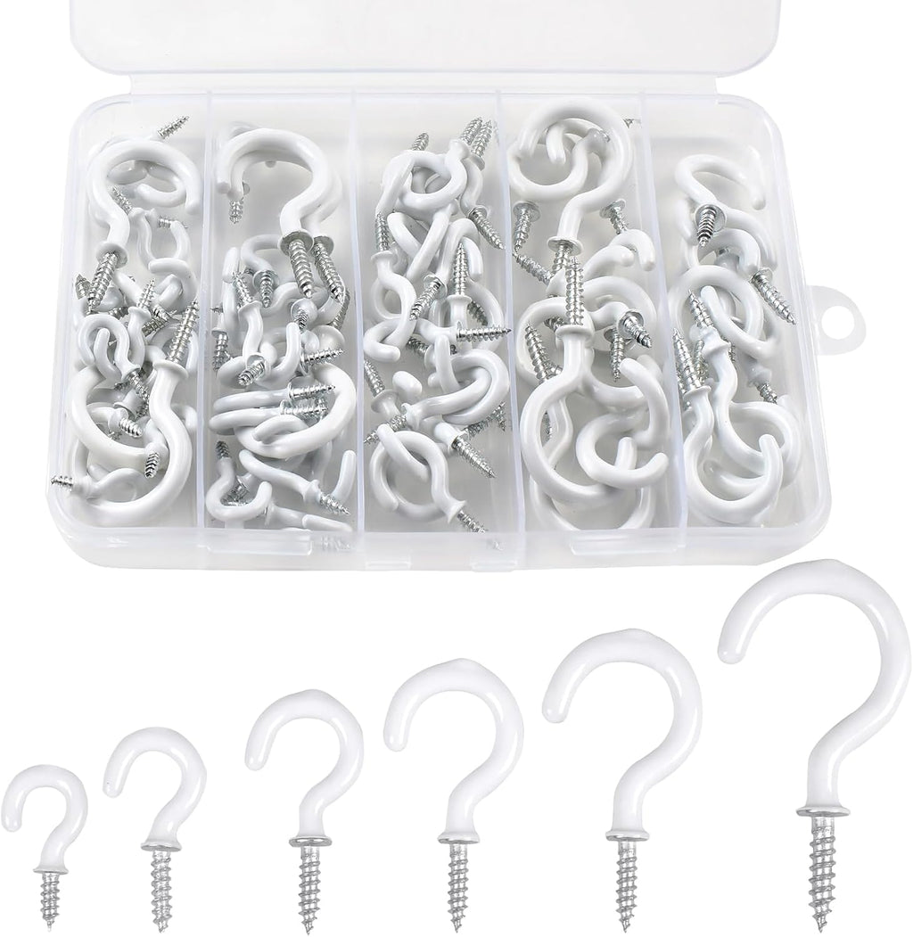 90 Pcs White Ceiling Hooks kit, 6 Sizes Vinyl Coated Screw-in Plant, Kitchen, Cup, Ceiling Hooks for Hanging (1/2in, 5/8in,3/4in,7/8in,1'',1-1/4in)