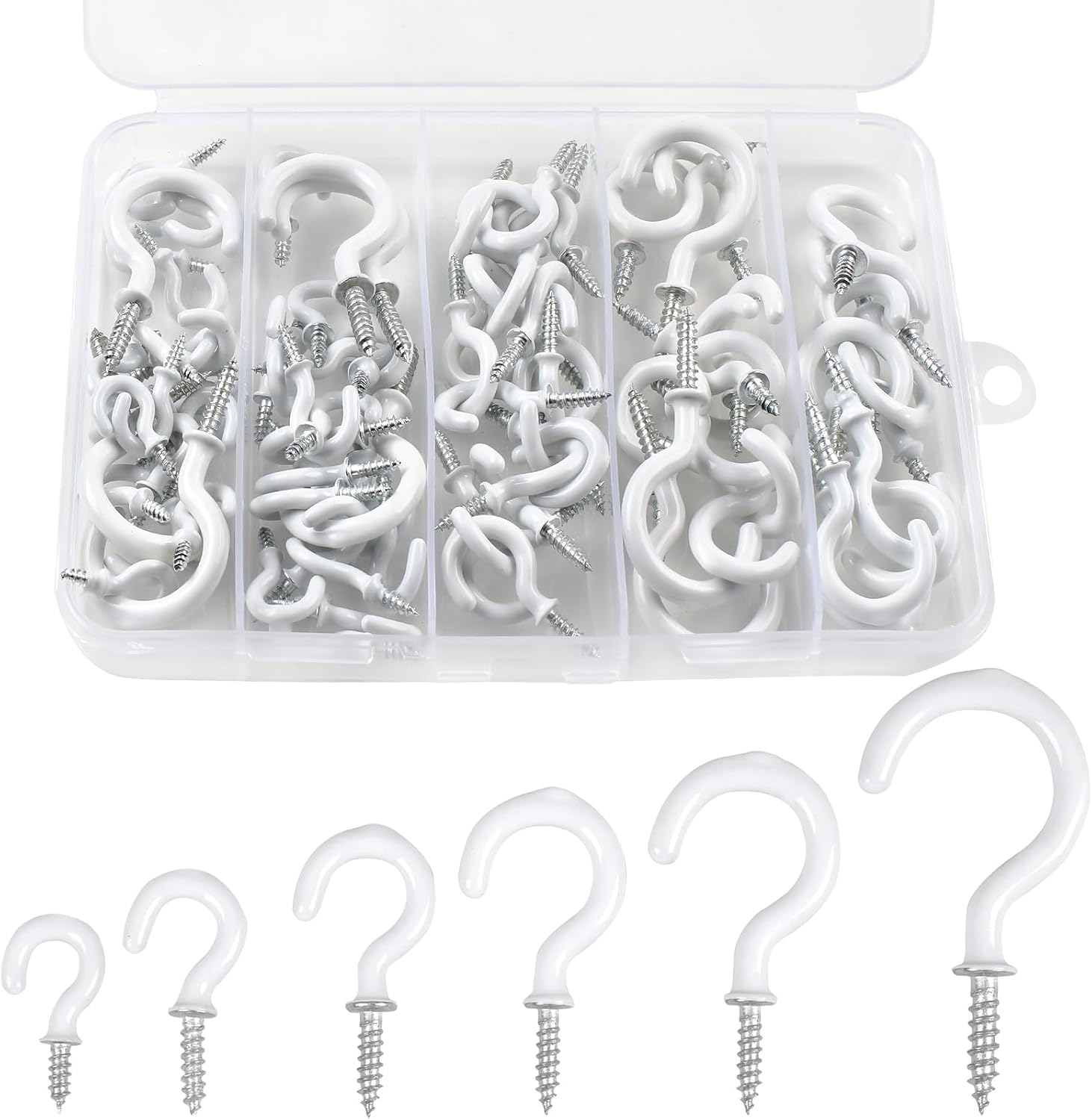 90 Pcs White Ceiling Hooks kit, 6 Sizes Vinyl Coated Screw-in Plant, Kitchen, Cup, Ceiling Hooks for Hanging (1/2in, 5/8in,3/4in,7/8in,1'',1-1/4in)