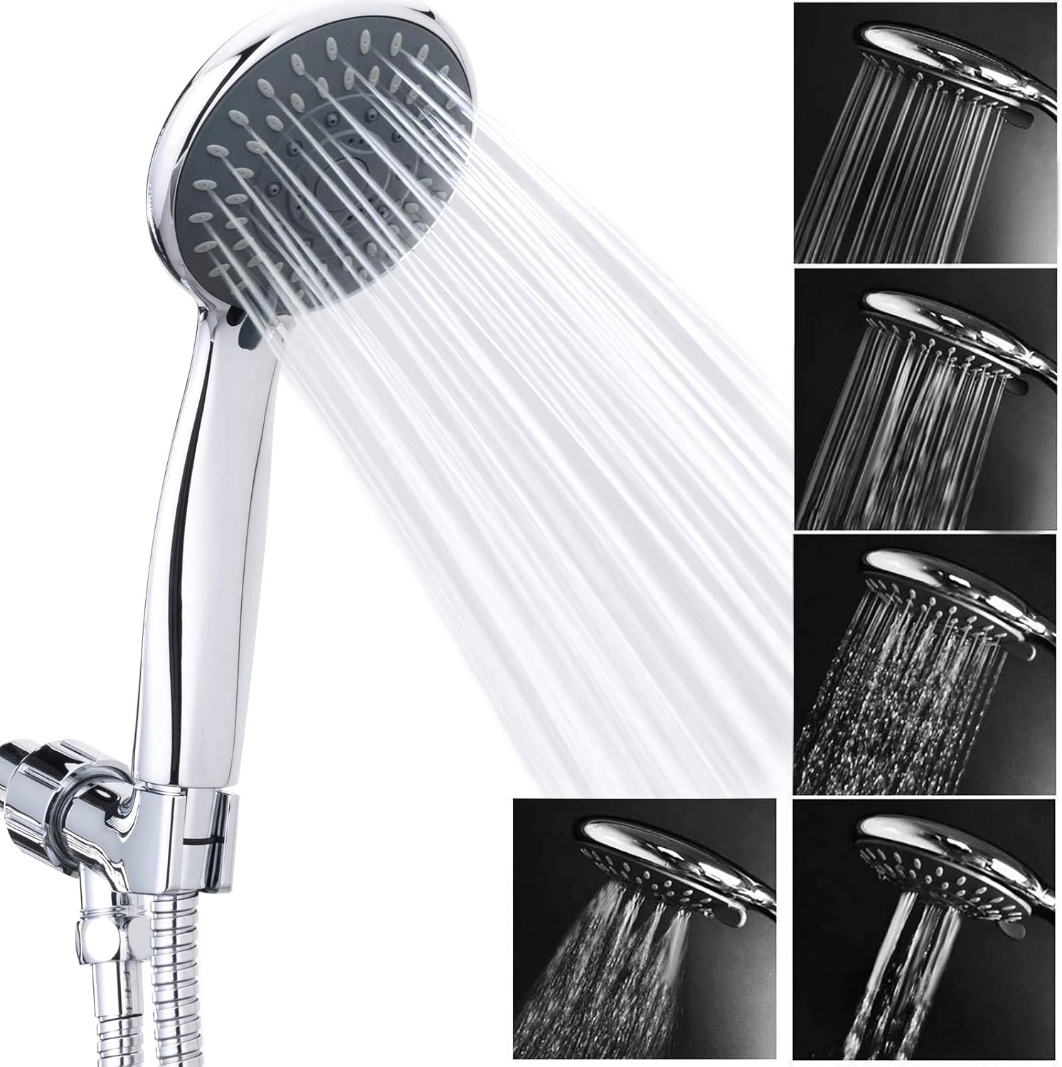 High-Pressure Handheld Showerhead — Offers 5 spray modes and a powerful water jet, effectively compensating for low water pressure environments; includes a stainless steel hose and an adjustable mounting bracket.