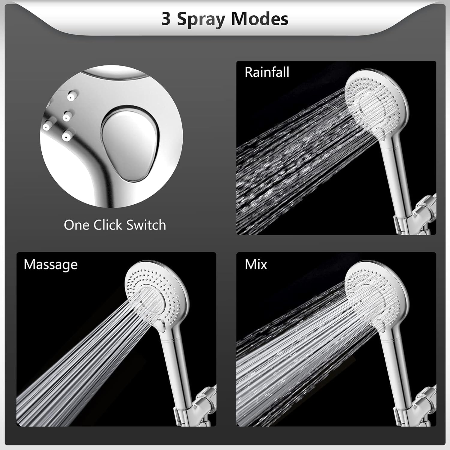 Filtered Shower System (with Handheld Shower) — High-pressure, 3-spray mode design; includes a 60-inch hose, bracket, and 15-stage filter cartridge. Specifically designed for hard water, it effectively removes residual chlorine and harmful substances.