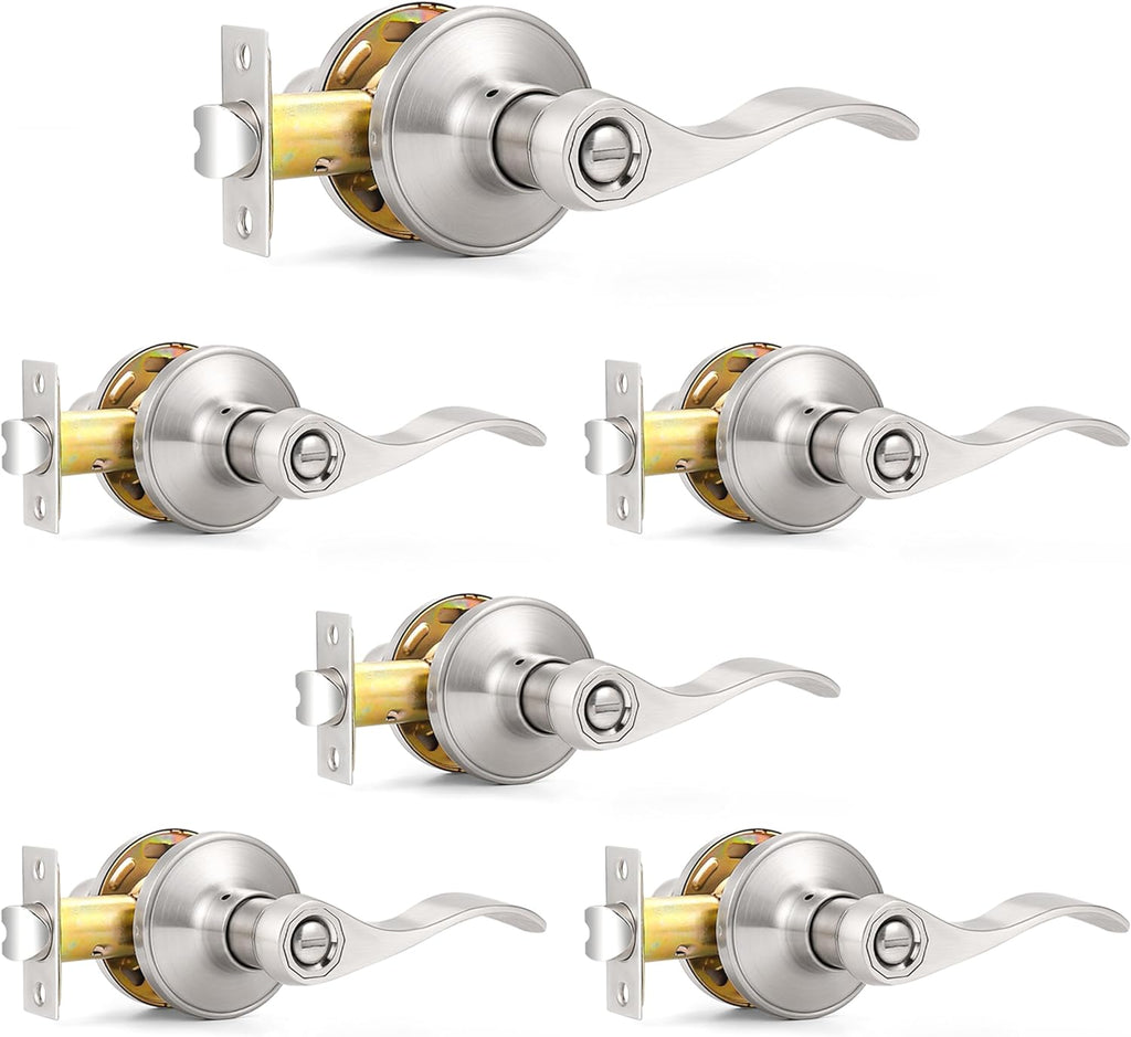 Privacy Door Levers Wave Style Handles Keyless Lock Bed Bath Door Lockset, Satin Nickel 6 Pack