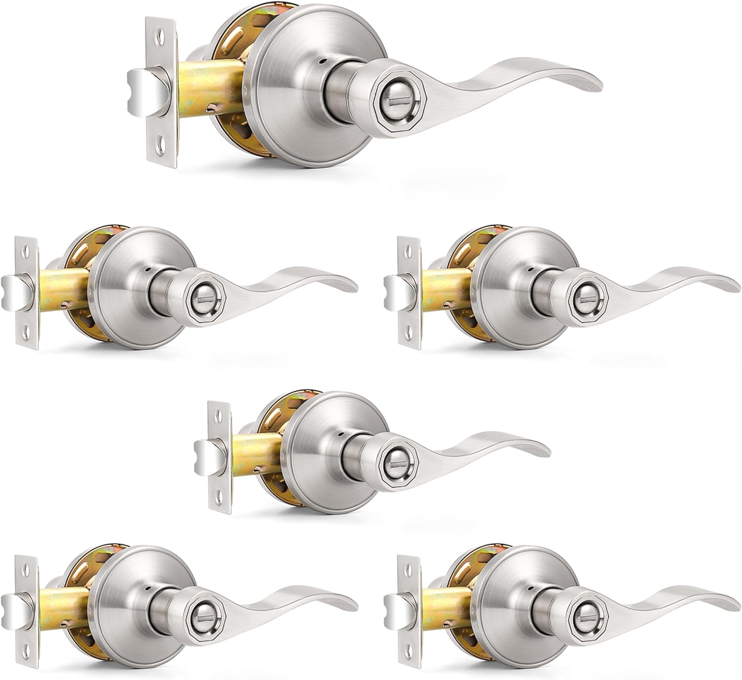 Privacy Door Levers Wave Style Handles Keyless Lock Bed Bath Door Lockset, Satin Nickel 6 Pack