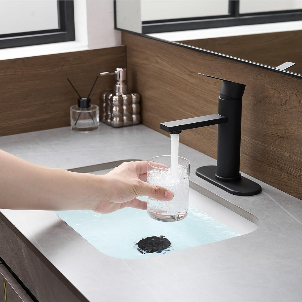 Bathroom Faucet — Single-Hole, Single-Handle Lavatory Faucet; Modern Style; Suitable for RVs — Black Finish (Includes Lift-Rod Drain Assembly); Supports 1- or 3-Hole Installation Sink Installation