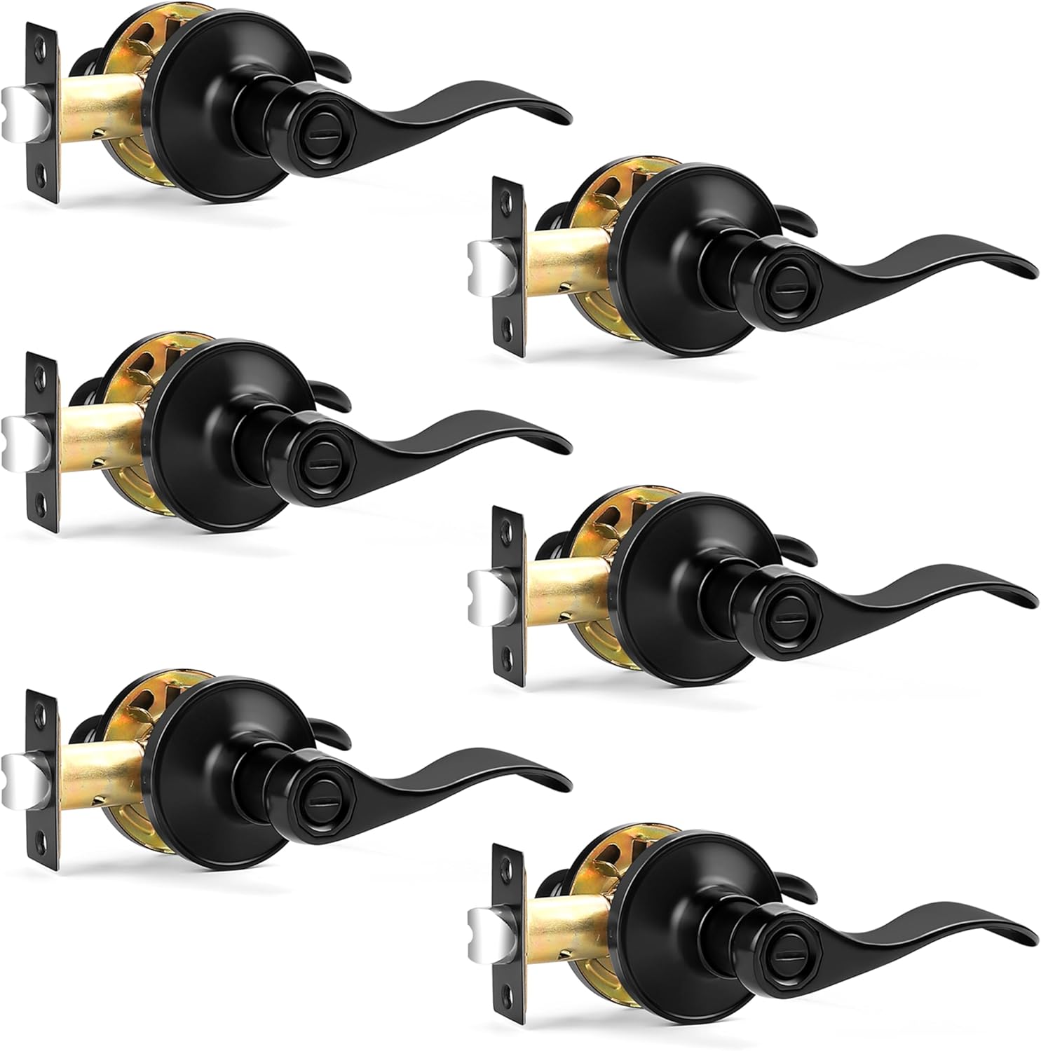 Matte Black Wave Style Bed/Bath Door Levers, Privacy Door Levers Interior Door Handles for Bedroom Bathroom, Reversible Levers for Right/Left Handed Doors, 6 Pack