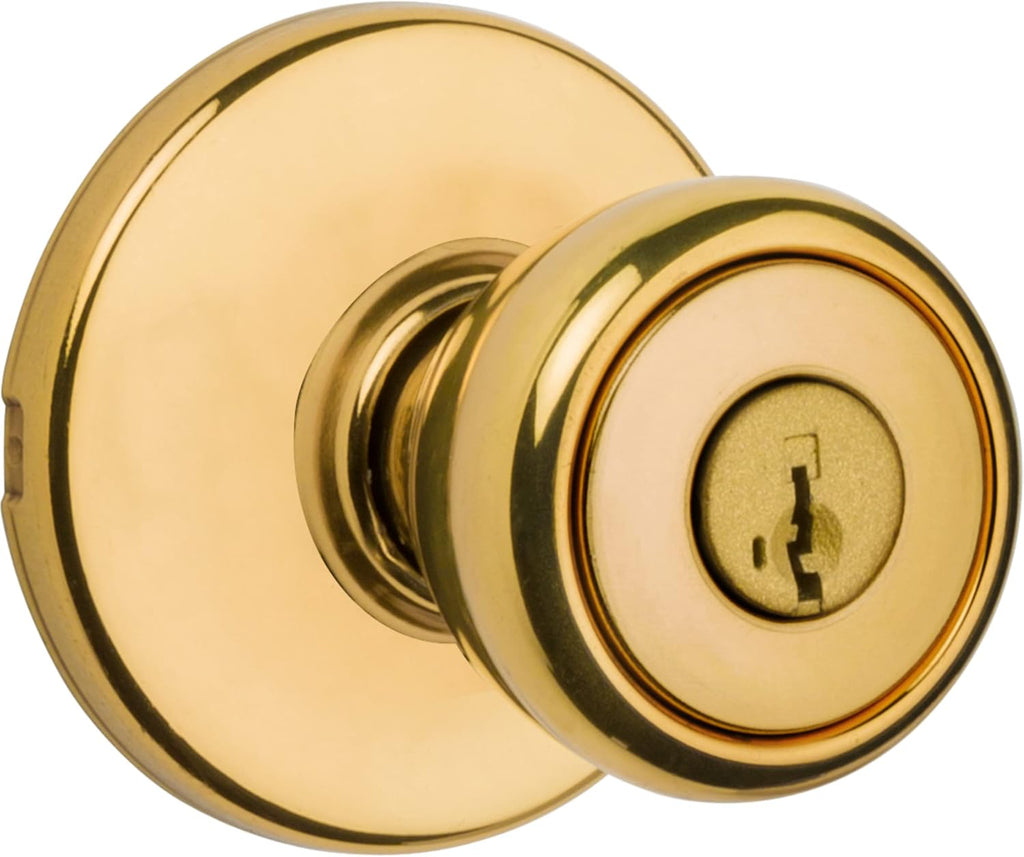 Entry Door Knob with Lock and Key, Secure Keyed Handle Exterior, Front Entrance and Bedroom, Polished Brass, Pick Resistant  Rekey Security