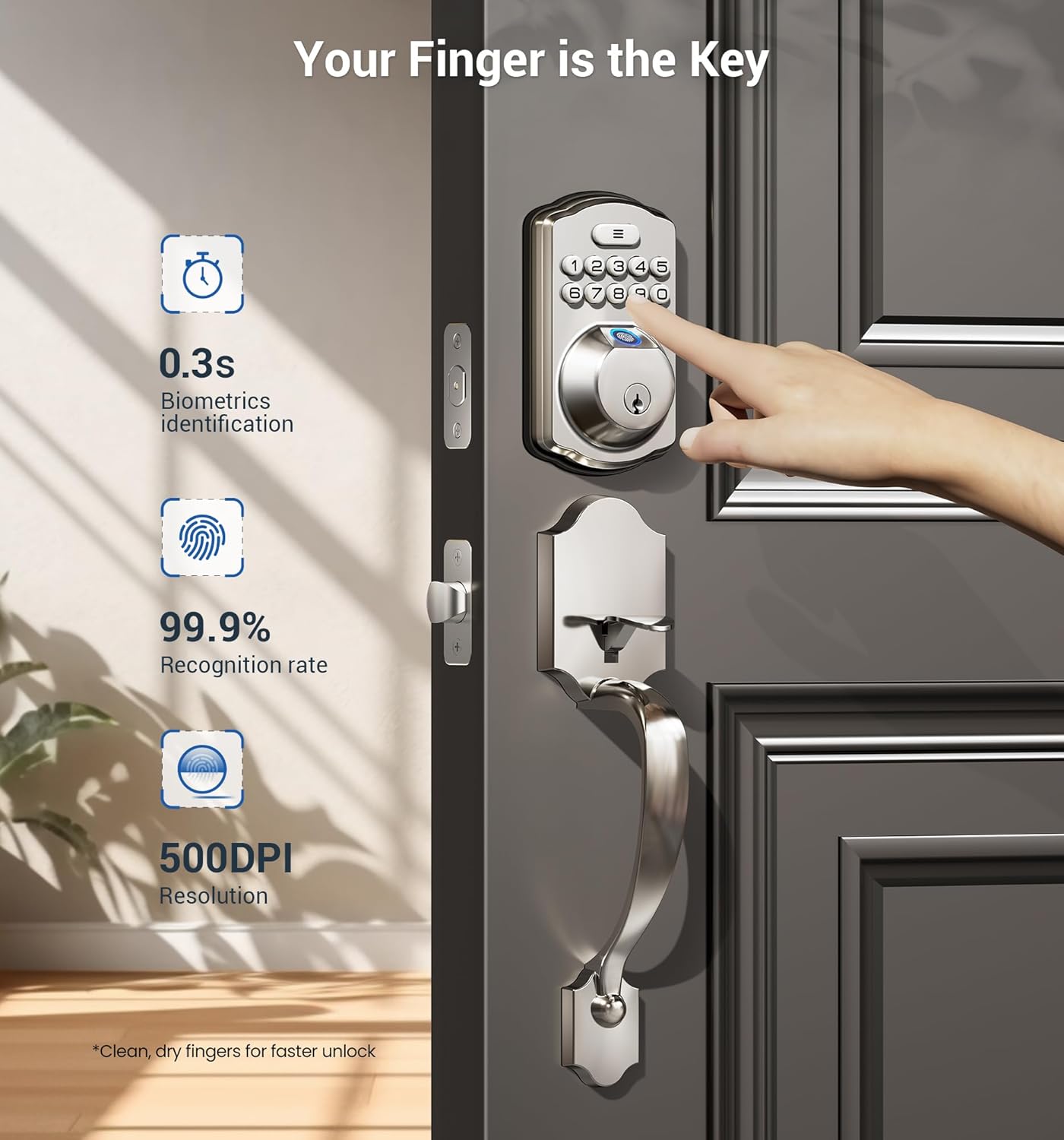 Fingerprint Door Lock Set, Keyless Entry Door Lock, Front Handle Set, Electronic Keypad Deadbolt with Lever Handle, 2 Keys, Auto-Locking, One-time Codes, Easy to Install, Satin Nickel