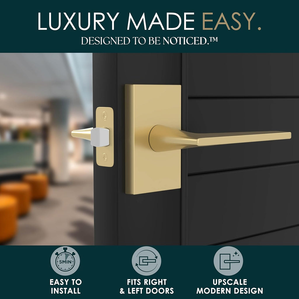 Passage Door Handle - 1 Pack Reversible Gold Door Handle, Heavy Duty No Lock Door Handles Interior for Closet & Hallway, Fits All Standard Door Sizes - Satin Brass