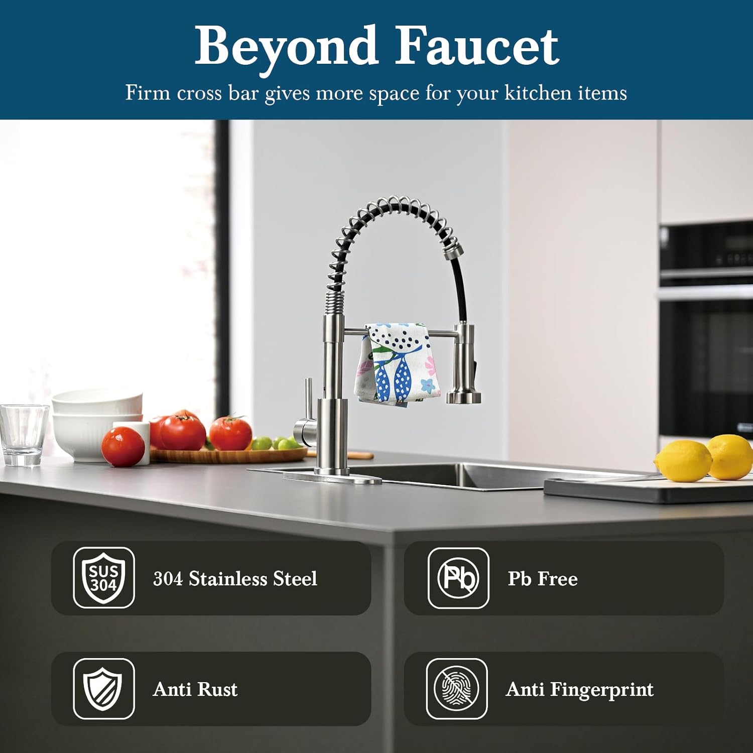 Kitchen Faucet: Features a pull-down sprayer; single-handle, pull-down spring-style sink faucet—high-arc design in Brushed Nickel stainless steel (suitable for 1-hole or 3-hole installation)—suitable for RVs, laundry rooms, farmhouses, and bar areas.