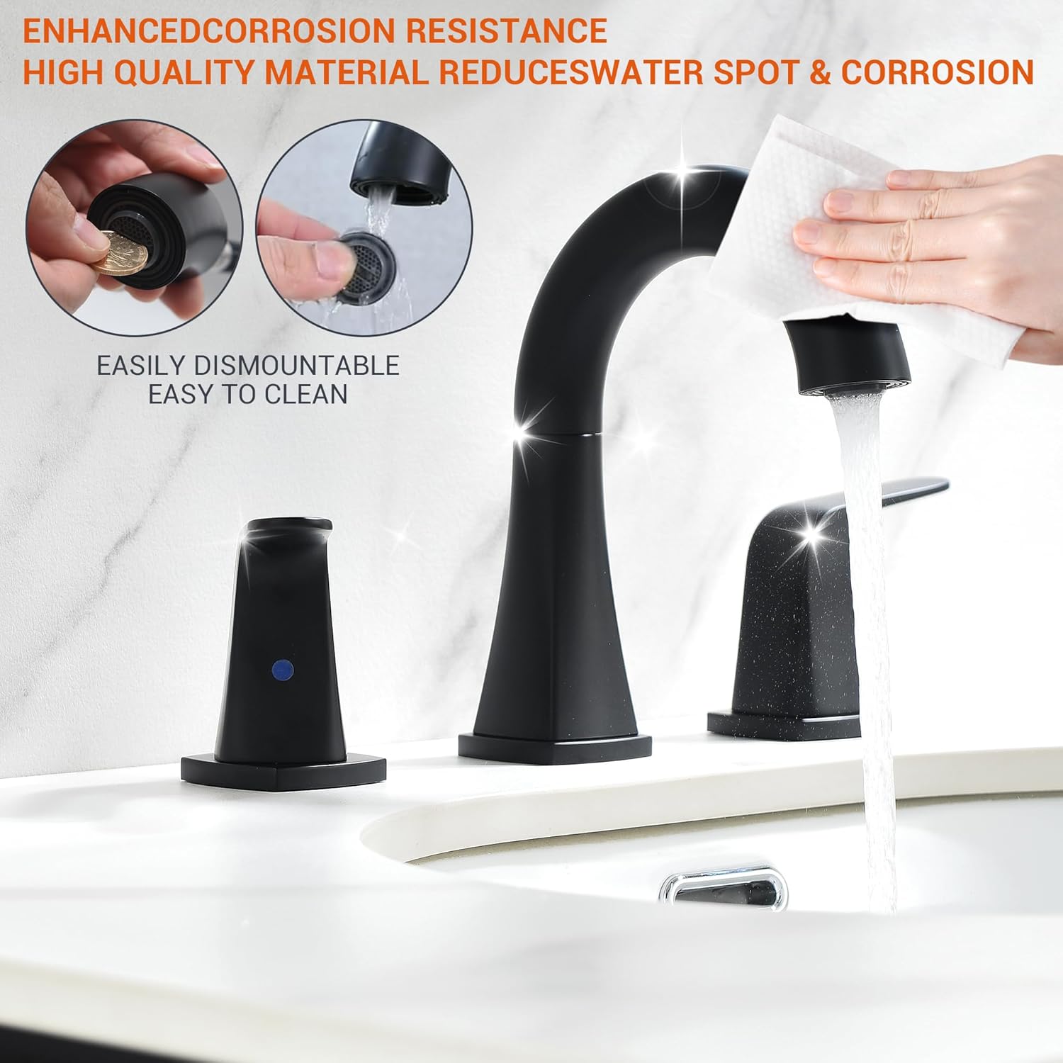 Black Pull-Down Bathroom Faucet — Matte Black Lavatory Faucet (with Sprayer); Dual-Handle Widespread Vanity Faucet