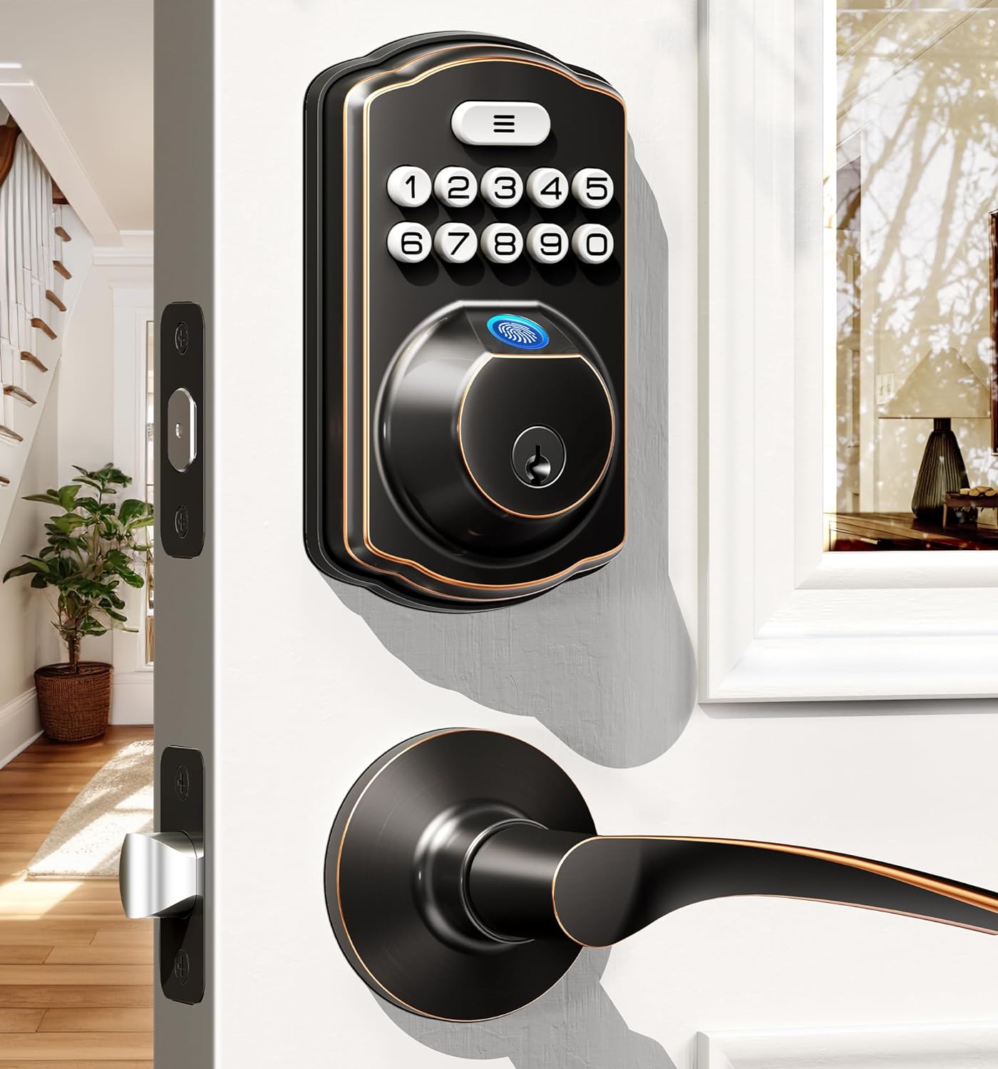 Fingerprint Door Lock with 2 Lever Handles - Keyless Entry Door Lock, Electronic Keypad Deadbolt & Front Door Lock Handle Sets, Auto Lock, Easy Installation, Oil Rubbed Bronze
