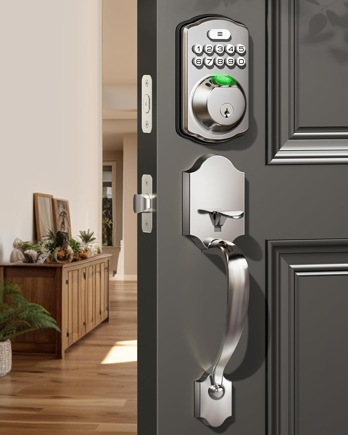 Fingerprint Door Lock Set, Keyless Entry Door Lock, Front Handle Set, Electronic Keypad Deadbolt with Lever Handle, 2 Keys, Auto-Locking, One-time Codes, Easy to Install, Satin Nickel