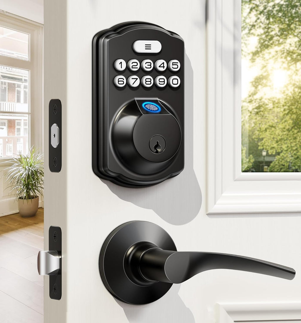 Fingerprint Door Lock with 2 Lever Handles - Keyless Entry Door Lock, Electronic Keypad Deadbolt & Front Door Lock Handle Sets, Auto Lock, Easy Installation, Matte Black
