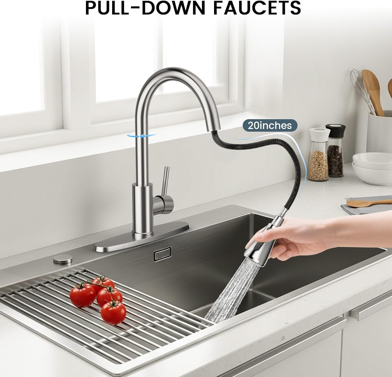 Kitchen Pull-Down Faucet — High-Arc Stainless Steel Single-Handle Sink Faucet (Supports 1- or 3-Hole Installation); Brushed Nickel Finish; Suitable for Farmhouses, Laundry Rooms, Campers, RVs, and Bar Sinks