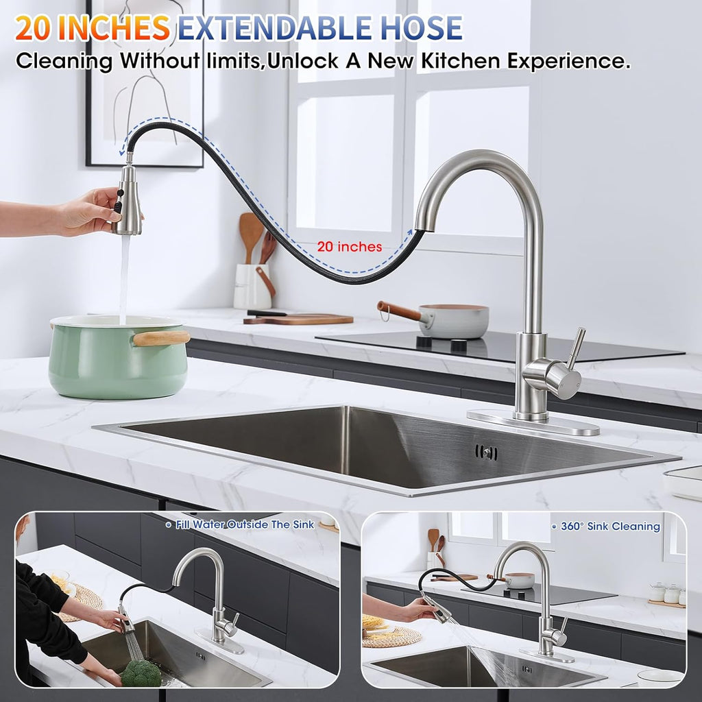 Kitchen Faucet (includes replacement cartridge): Brushed Nickel, High-Arc, Single-Handle Stainless Steel Sink Faucet (suitable for 1-hole or 3-hole installation)—ideal for farmhouses, RVs, laundry rooms, bar areas, campers, and commercial settings.