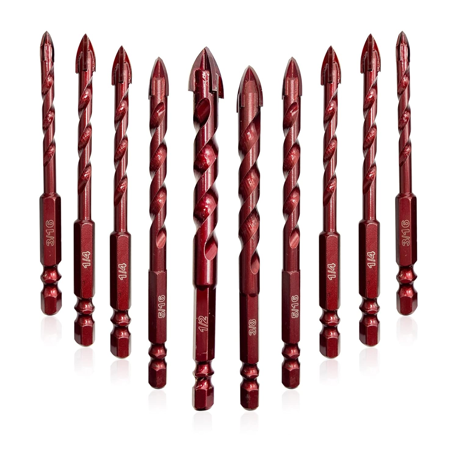 Masonry Drill Bits 10 Pcs, Concrete Drill Bit Set Size 3/16" to 1/2", Professional High Cobalt Drill Bit Set for Tile Glass Metal Brick Concrete Ceramic Plastic Wood