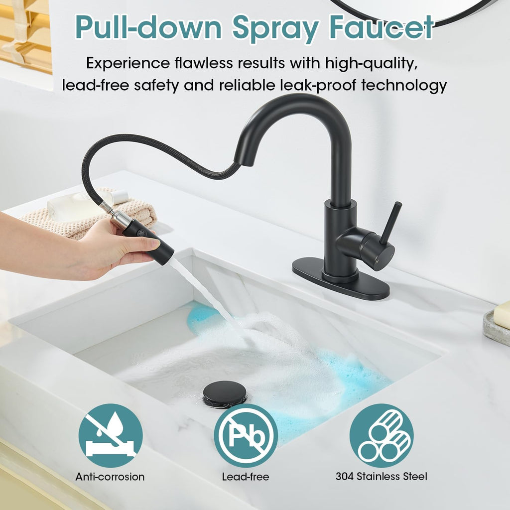 Black Bathroom Faucet (with Pull-Down Sprayer) — Single-Hole Installation, Includes Pop-Up Drain Assembly and Hoses; Single-Handle Lavatory Faucet, Suitable for Vanities and Restrooms