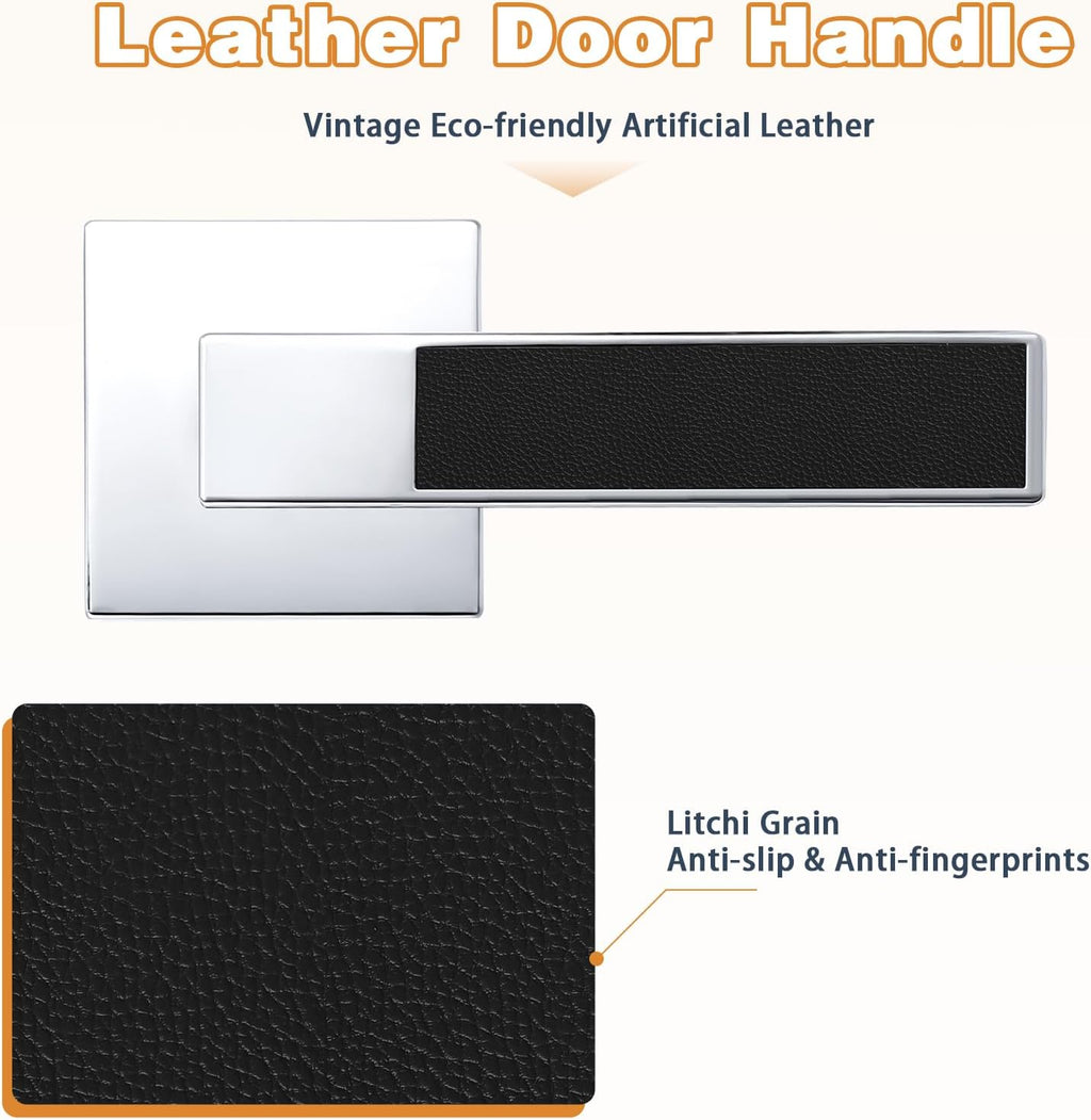Square Door Handle with Black Leather Hand Lever, Heavy Duty Keyless Passage Interior Door Levers for Hallway or Closet (Polished Chrome, 6 Pack)