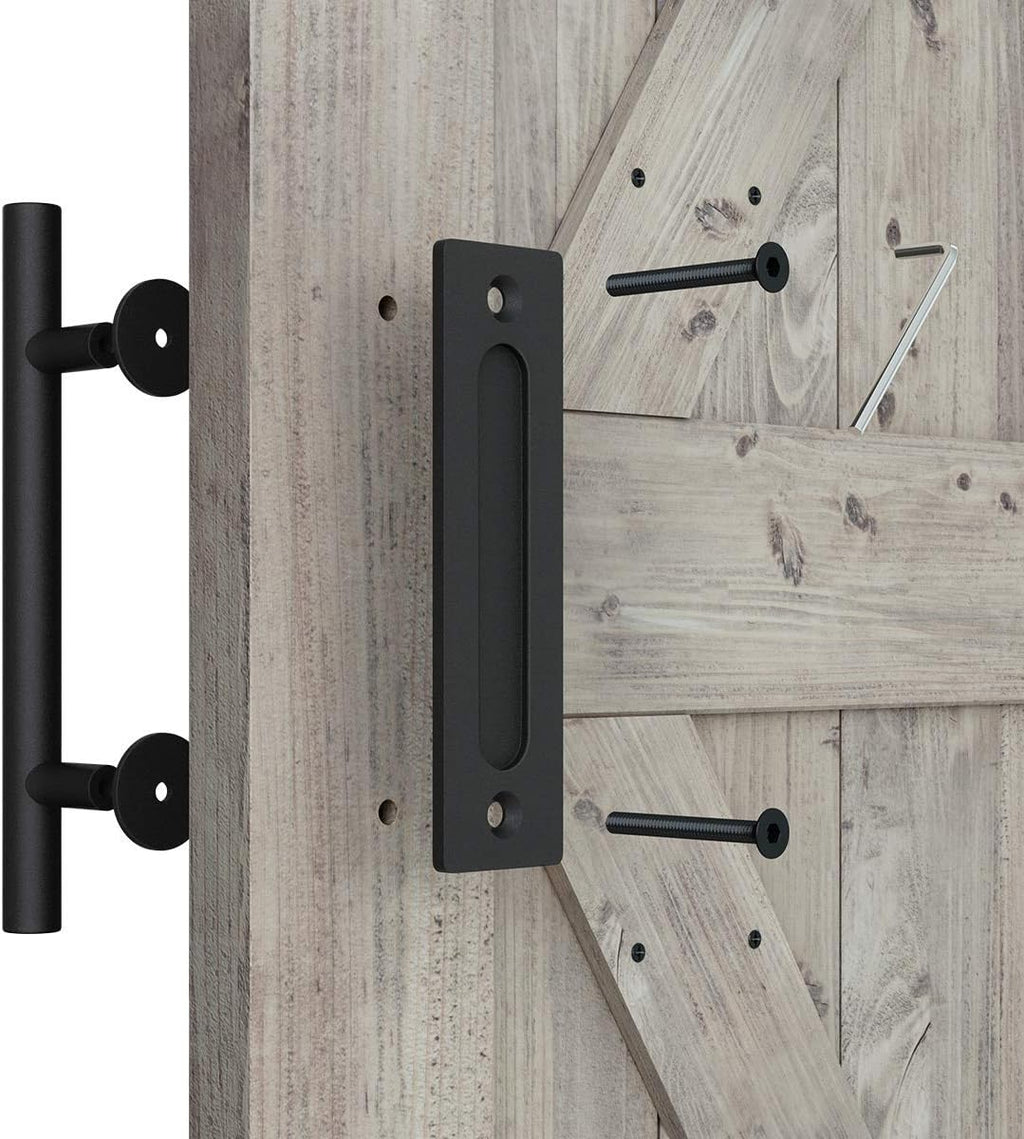 12" Heavy Duty Sliding Barn Door Handle, Pull and Flush Hardware Set, Black Powder Coated Finish, Large Rustic Two-Side Design, Round