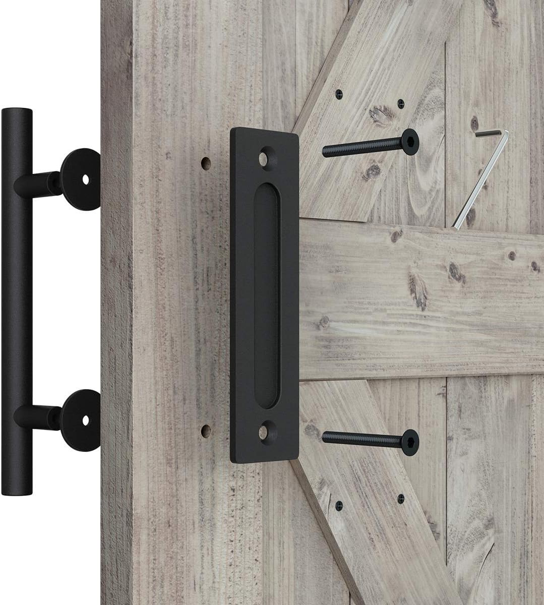12" Heavy Duty Sliding Barn Door Handle, Pull and Flush Hardware Set, Black Powder Coated Finish, Large Rustic Two-Side Design, Round