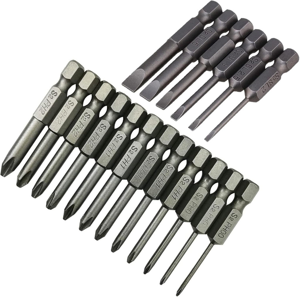 18 Piece Slotted Phillips Head Drill Bit Set, 1/4 Inch Hex Shank S2 Steel Magnetic 2Inch Long Screwdriver Bits with Storage Box (Slotted Phillips)