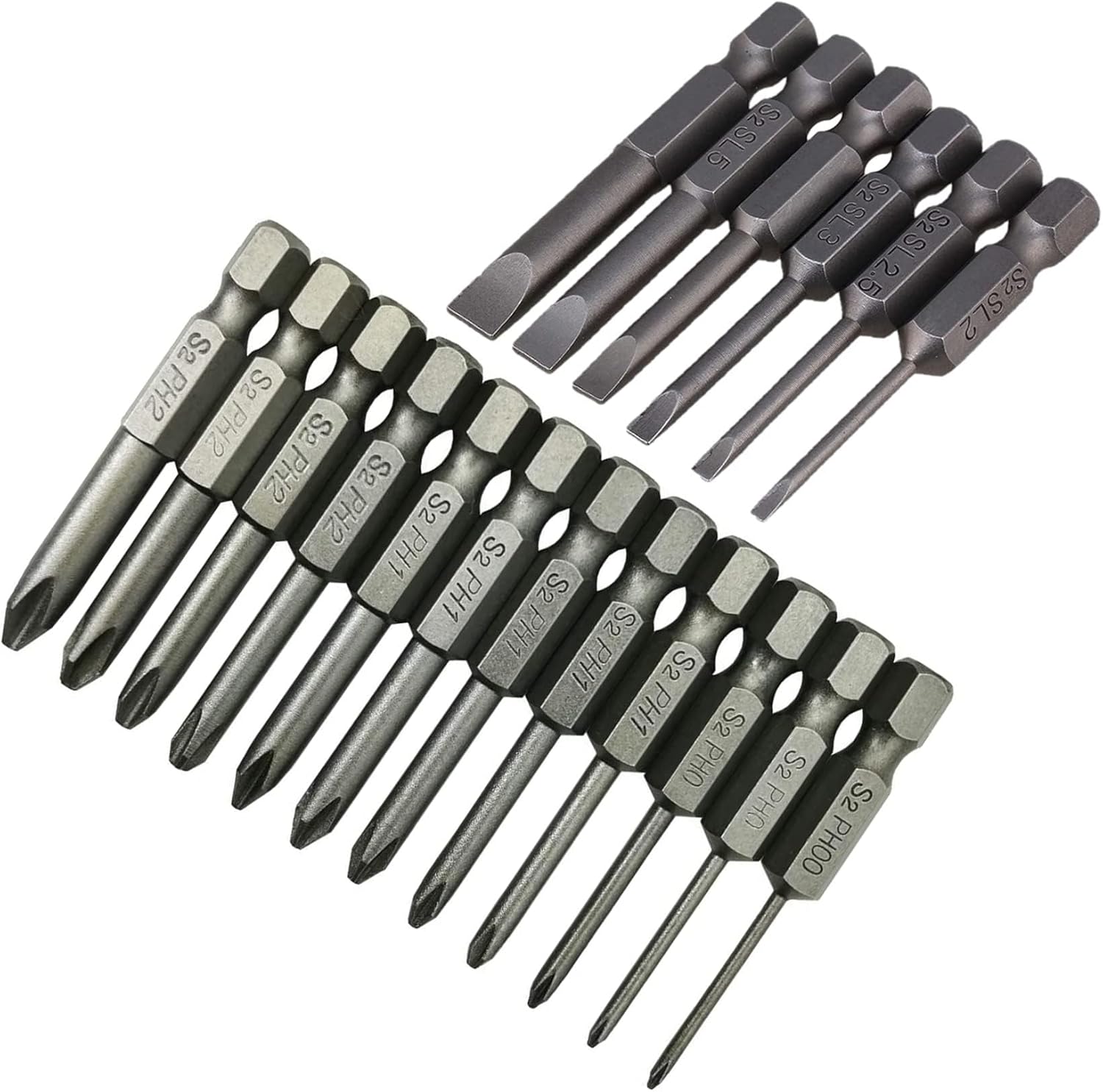 18 Piece Slotted Phillips Head Drill Bit Set, 1/4 Inch Hex Shank S2 Steel Magnetic 2Inch Long Screwdriver Bits with Storage Box (Slotted Phillips)