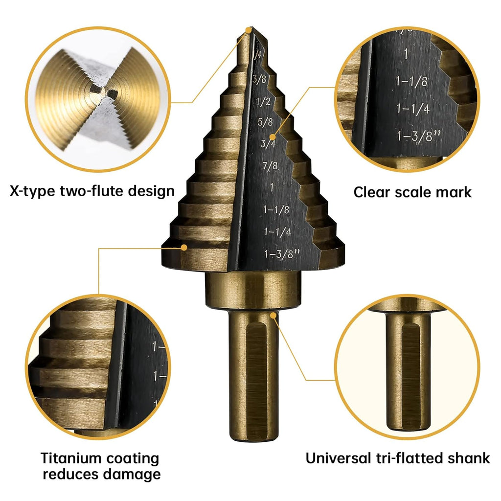 Step Drill Bits, 5PCS HSS Titanium Step Drill Bit Set, 50 Sizes High Speed Steel Step Bits for Metal with Aluminum Case