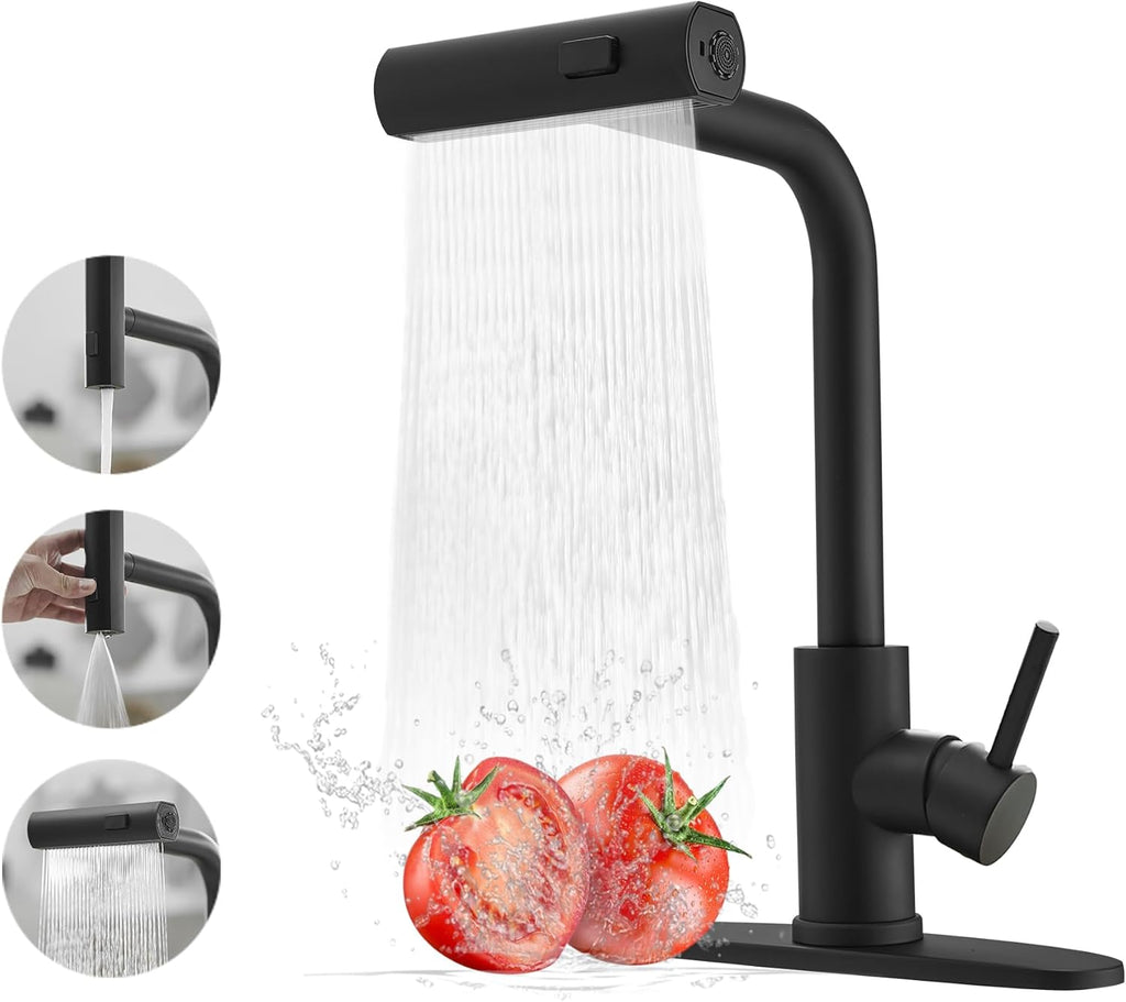 Black Kitchen Faucet (with Pull-Down Sprayer) | Waterfall-Style Kitchen Sink Faucet | Commercial-Grade Stainless Steel Kitchen Faucet | Single-Handle Kitchen Sink Faucet (with Pull-Down Sprayer & 3 Spray Modes)