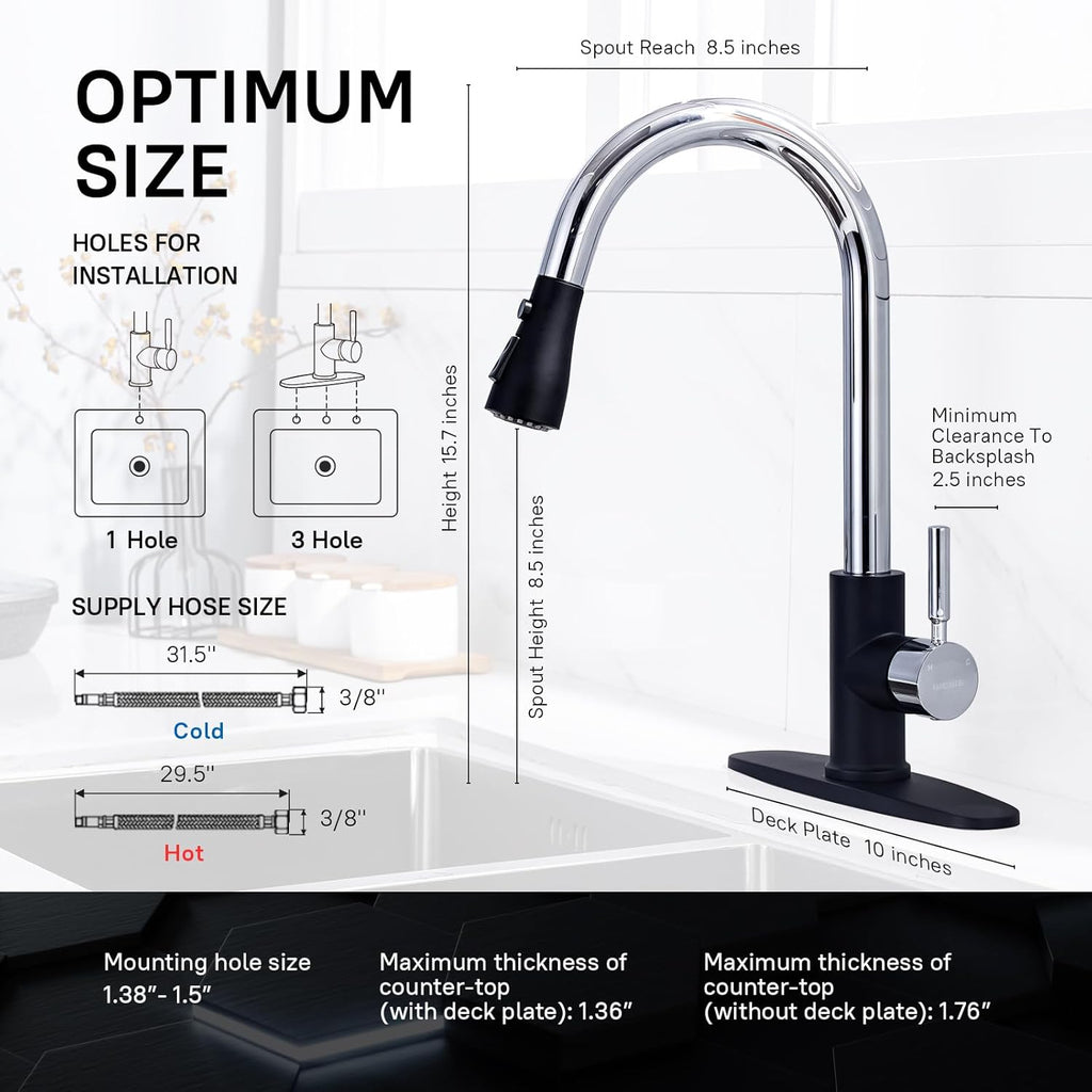 Kitchen Sink Faucet — Pull-Down Design, Two-Tone Black Chrome & Stainless Steel Finish, Single-Handle (Supports 1- or 3-Hole Installation); Suitable for Laundry Rooms, Bar Sinks, and Kitchen Sinks