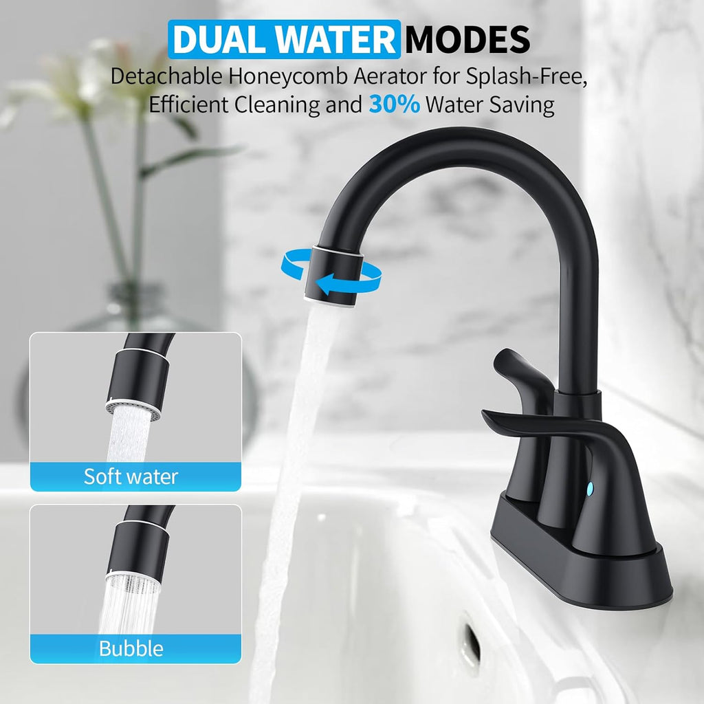Bathroom Faucet (Centerset Installation): 4-inch Matte Black Lavatory Faucet (suitable for 2-hole or 3-hole sinks); includes a push-to-seal drain assembly and two supply hoses; dual-handle control bathroom sink faucet.