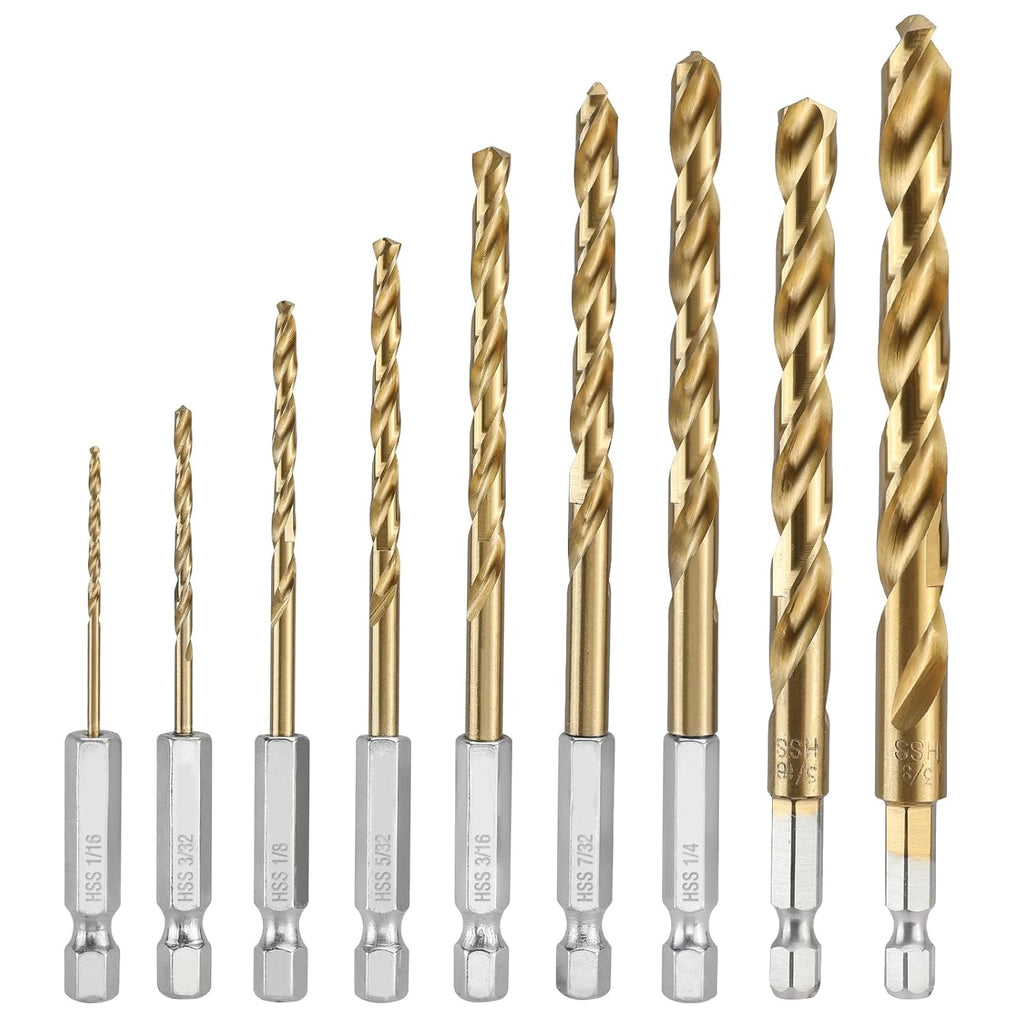 9-Piece 1/4" Hex Shank Drill Bit Set, Titanium Plating HSS Drill Bits from 1/16" to 3/8" for Metal, Steel, Wood, PVC, Quick Change Design