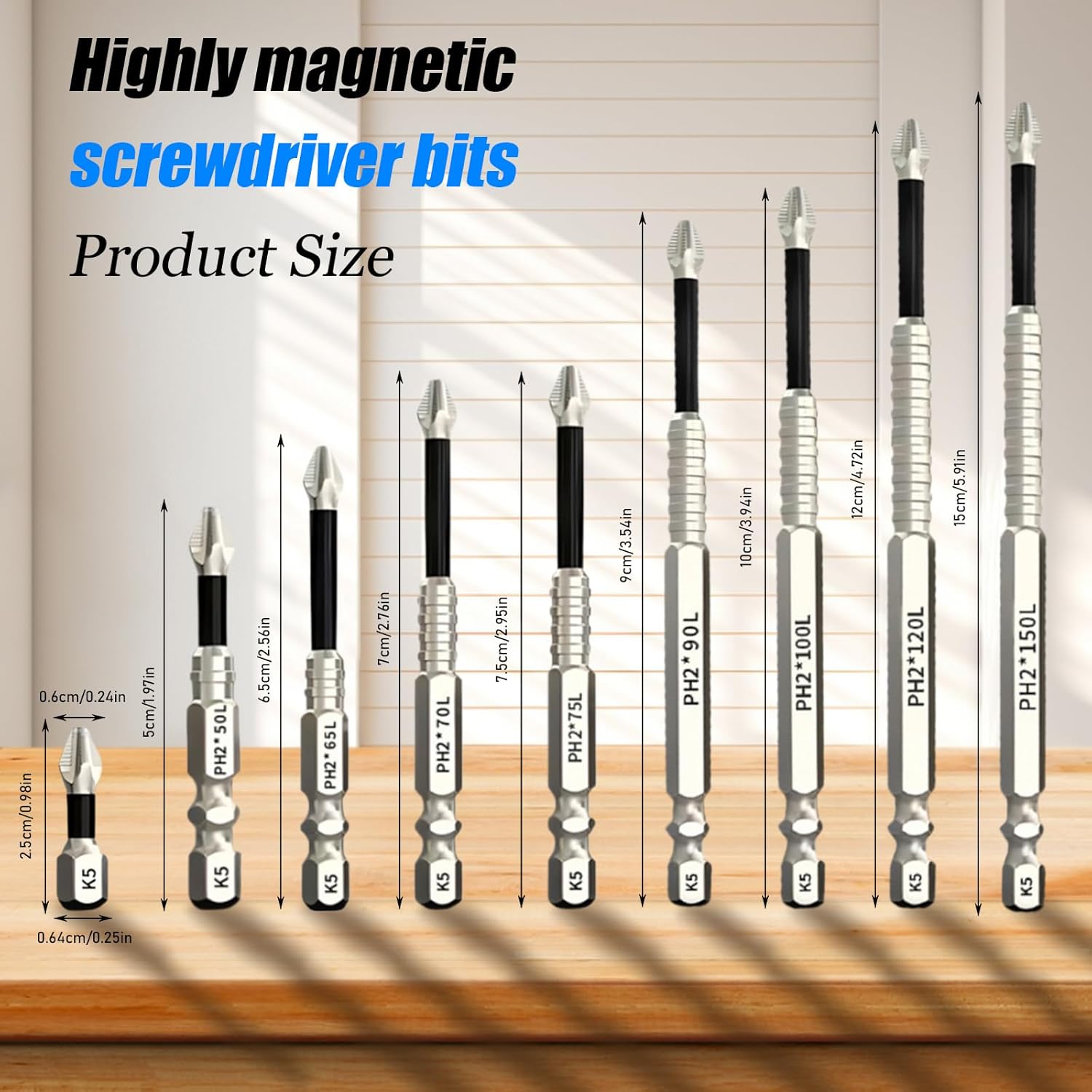 9 Pack High Magnetic Screwdriver Drill Bit Set, k5 Anti Slip bit, Electric Precision Screwdriver Set, 25 50 65 70 75 90 100 120 150mm