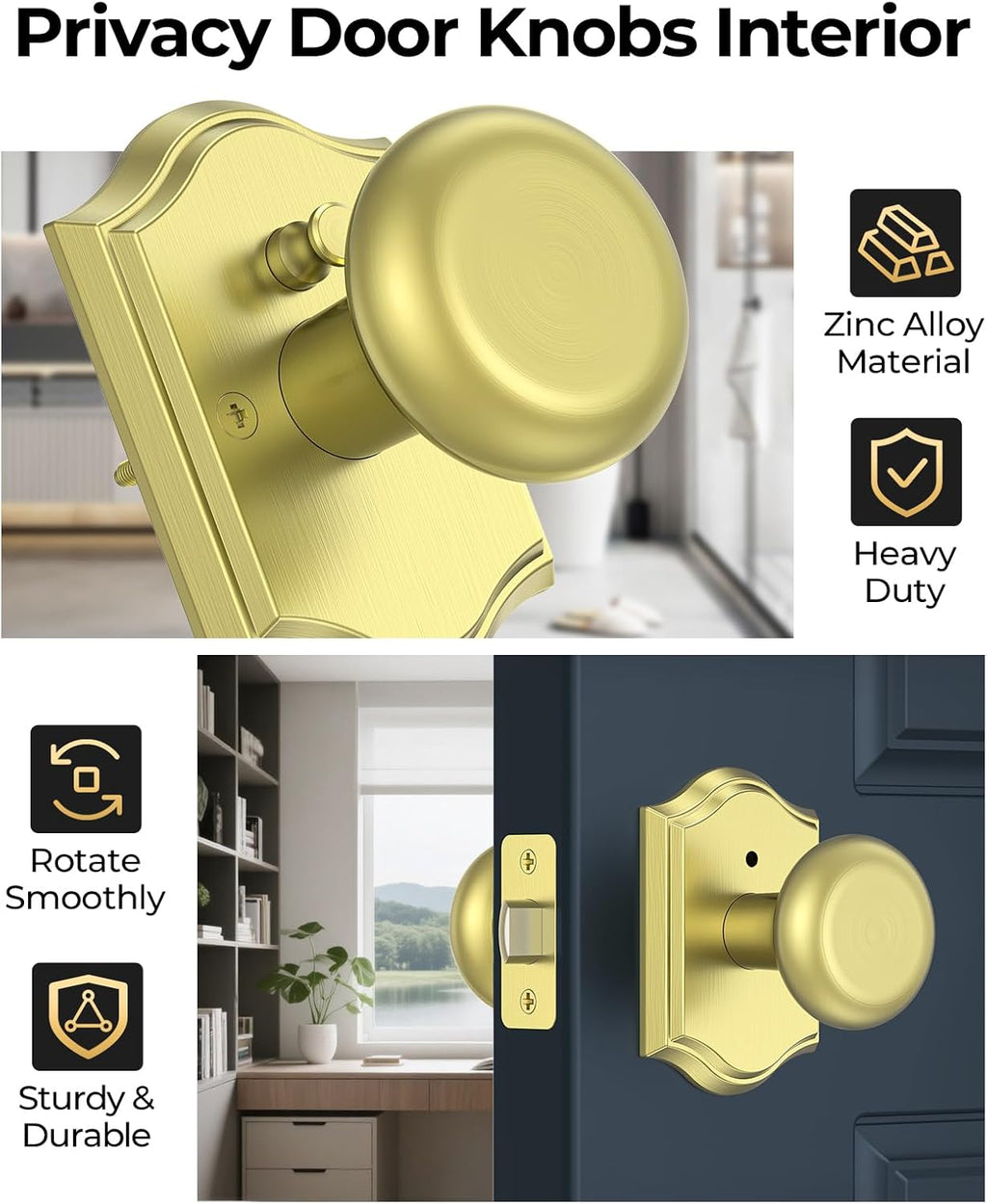 Brushed Gold Door Knob with Lock, Zinc-Alloy Heavy Duty Privacy Brass Door knobs Interior for Bedroom & Bathroom, Classic Antique Doorknobs Handle for Left or Right-Handed, 1Pack