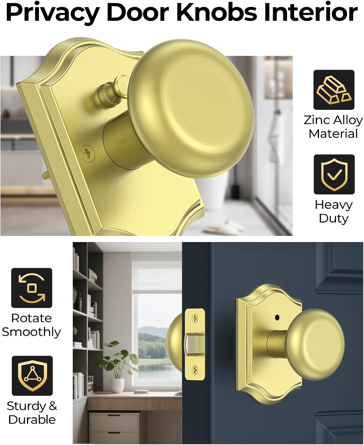 Brushed Gold Door Knob with Lock, Zinc-Alloy Heavy Duty Privacy Brass Door knobs Interior for Bedroom & Bathroom, Classic Antique Doorknobs Handle for Left or Right-Handed, 1Pack