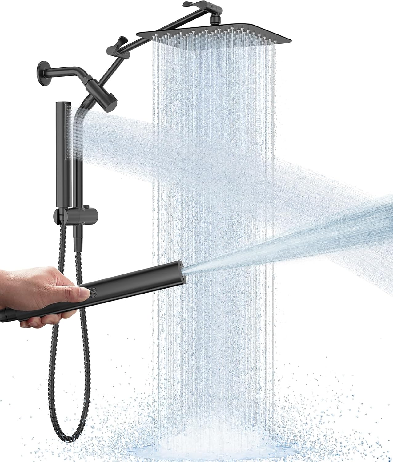 All-Metal 10-Inch Black Showerhead (with Handheld) — Luxury Square Dual Rain Shower Combo, Handheld Unit Features Power Wash Function, Dual High-Pressure Detachable Rain Showerheads with Extension Arm, Bathroom Fixture, Matte Black