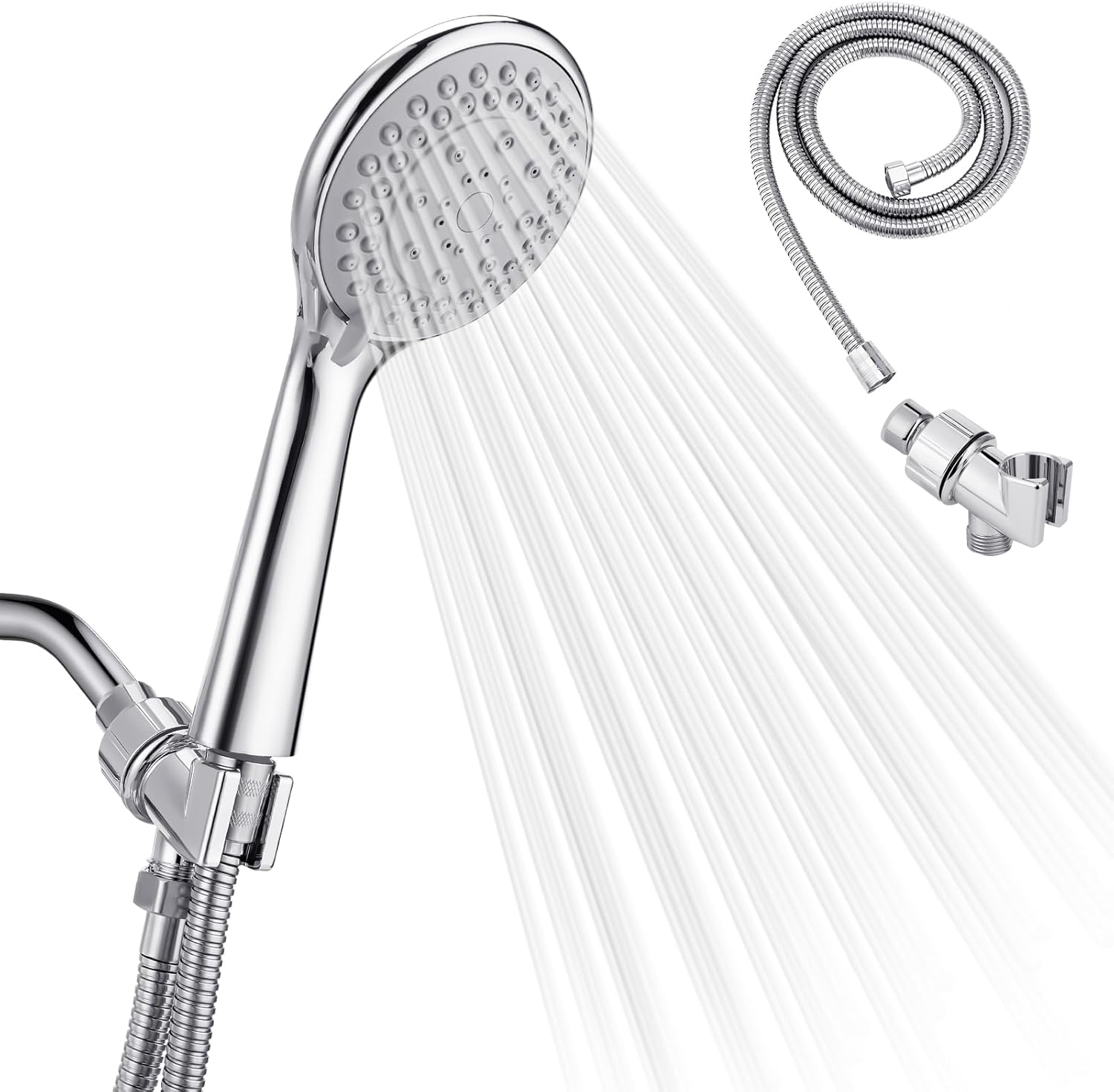 Detachable Handheld Shower Set (with Hose) — High-pressure, 5-function handheld showerhead, complete with an extra-long 4.7-foot stainless steel hose and mounting bracket.