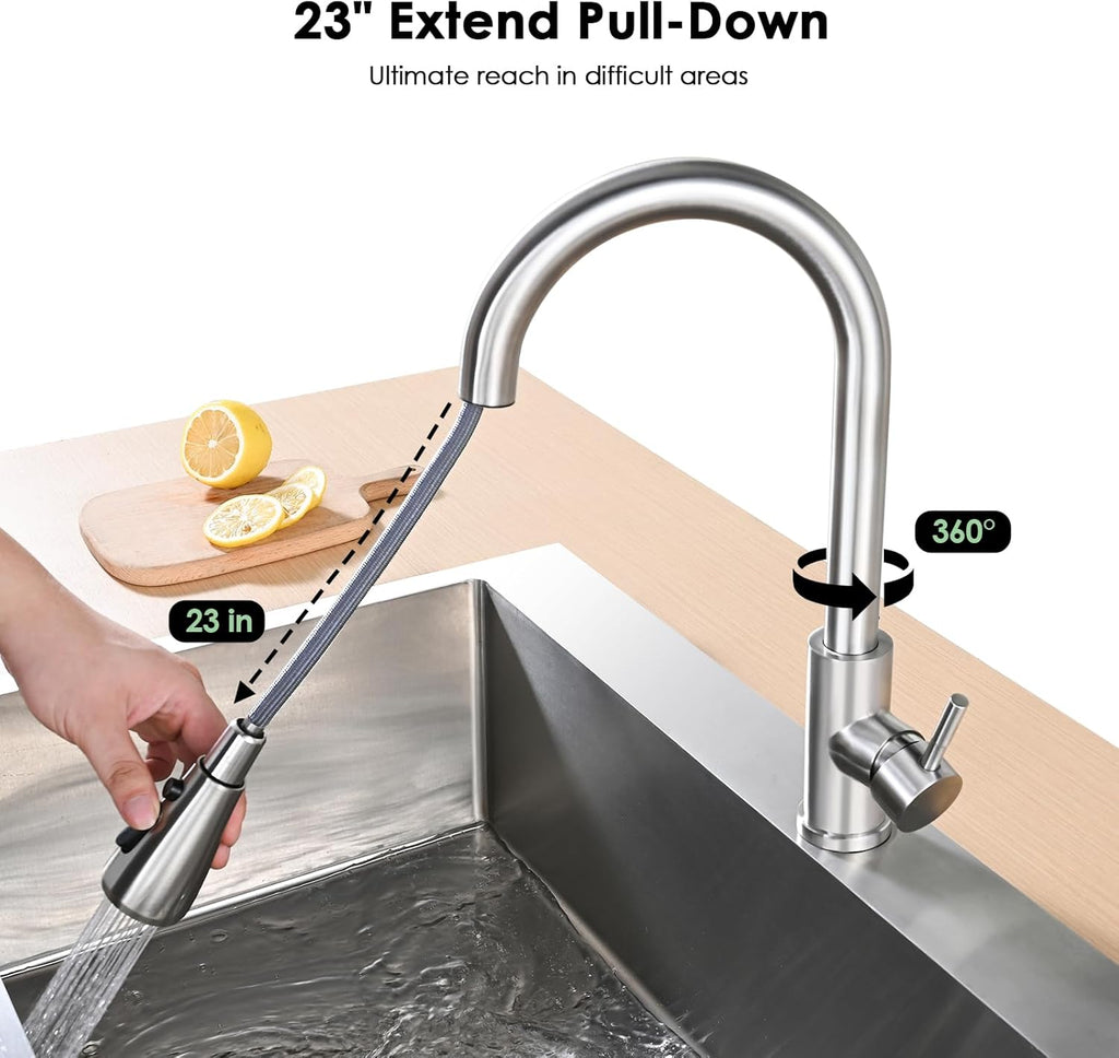 Kitchen Pull-Down Faucet: High-arc, single-handle sink faucet in brushed nickel stainless steel; features 3 spray modes (stream/spray/pause) and 360° rotation; suitable for kitchen sinks.