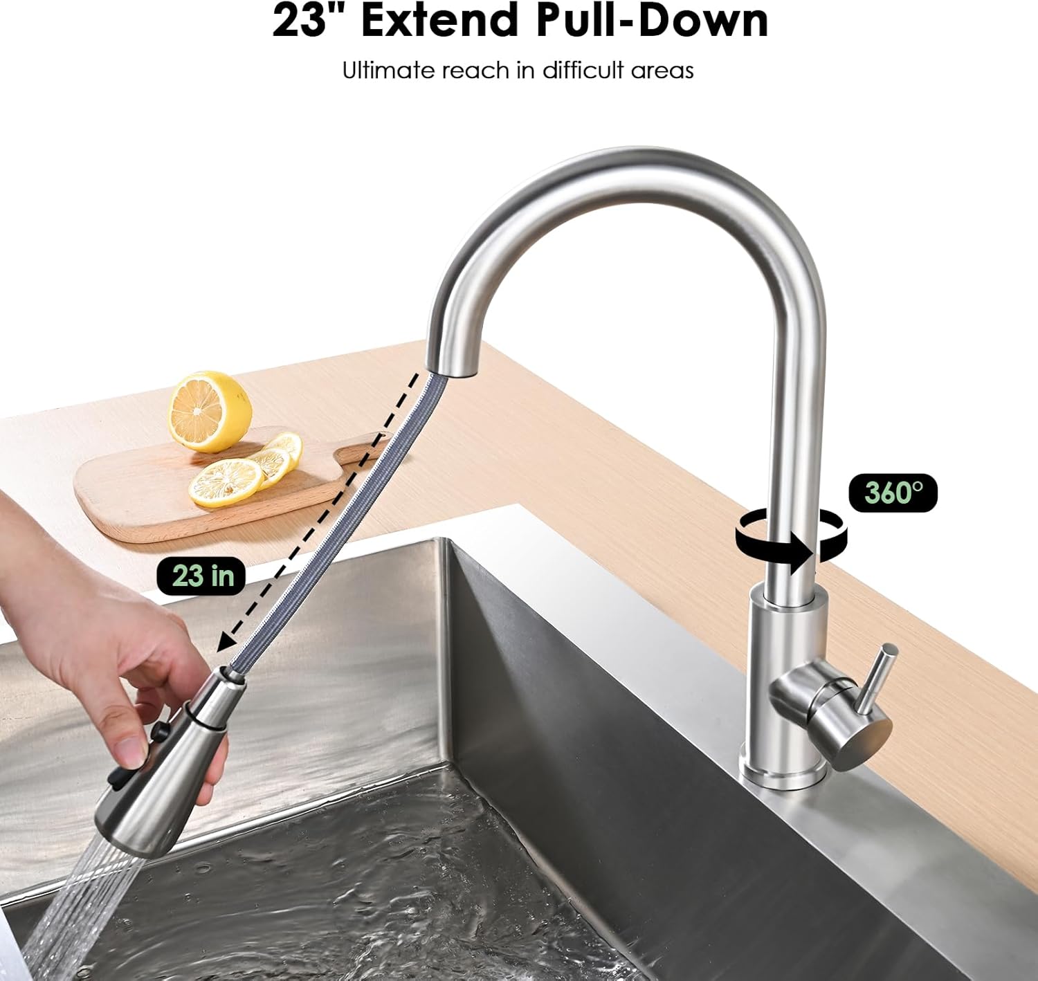Kitchen Pull-Down Faucet: High-arc, single-handle sink faucet in brushed nickel stainless steel; features 3 spray modes (stream/spray/pause) and 360° rotation; suitable for kitchen sinks.