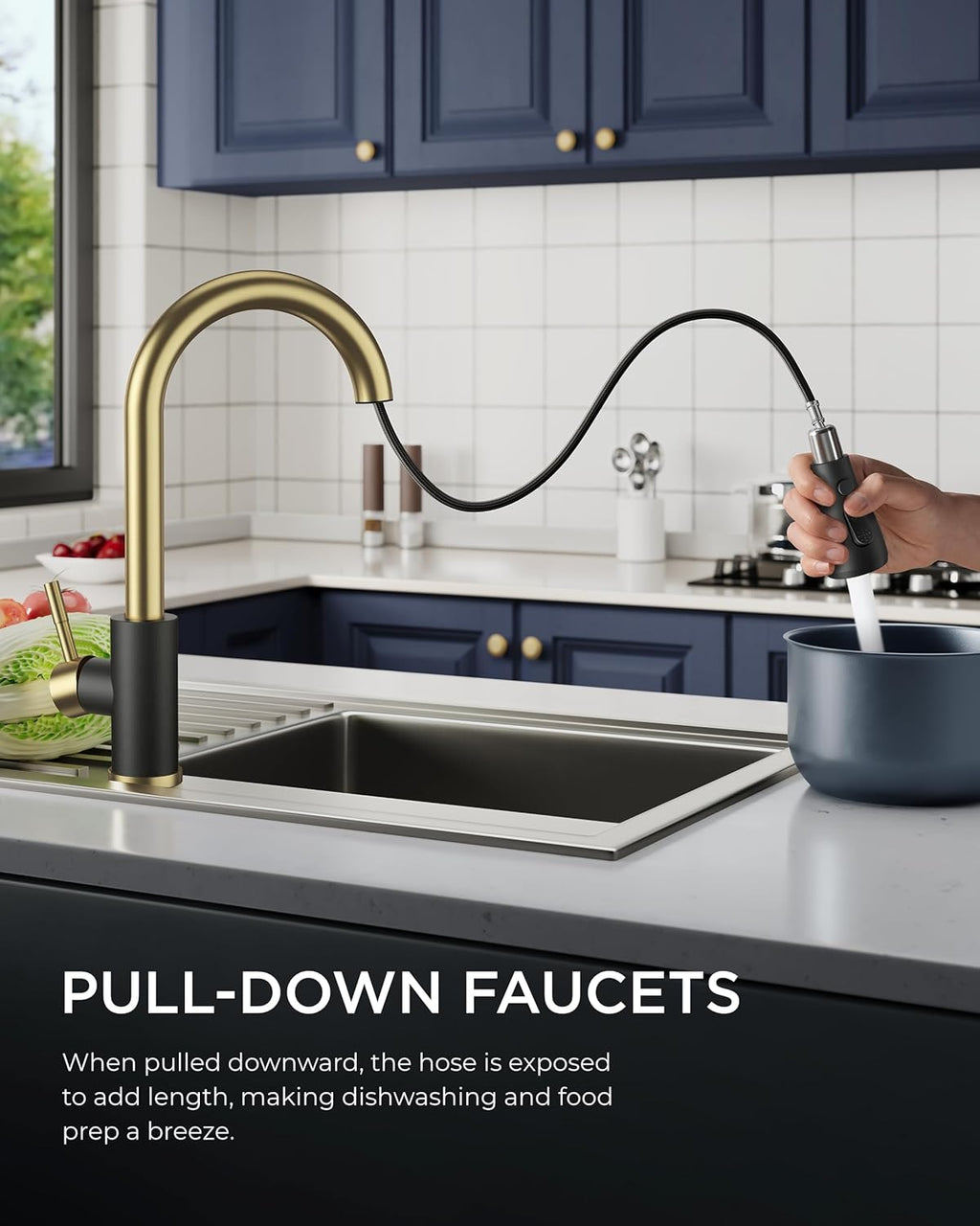 Kitchen Pull-Down Faucet — High-Arc, Single-Handle, Classic Stainless Steel Sink Faucet (Supports 1- or 3-Hole Installation); Suitable for Farmhouses, Campers, Laundry Rooms, RVs, and Bar Sinks — Black & Gold Finish