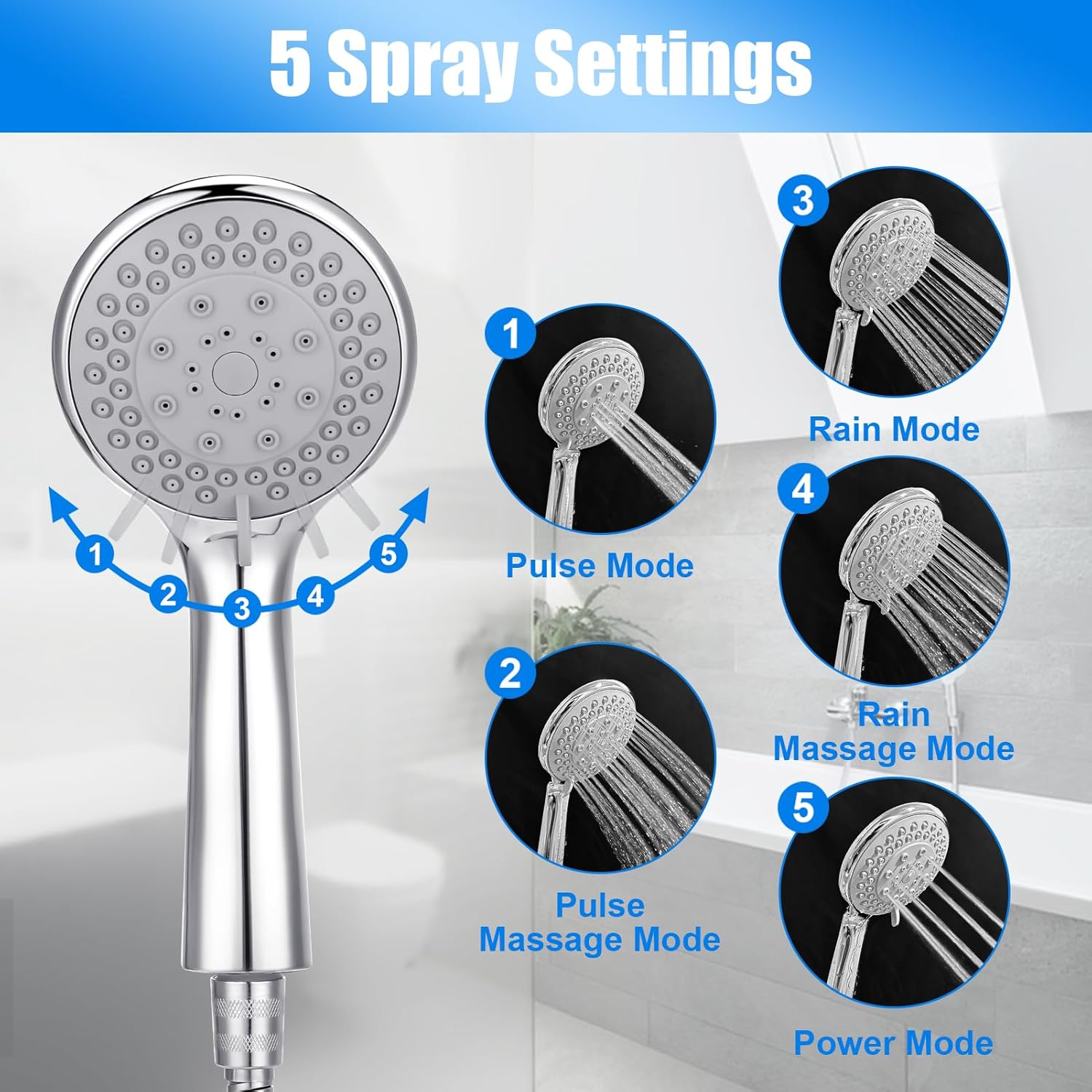 Detachable Handheld Shower Set (with Hose) — High-pressure, 5-function handheld showerhead, complete with an extra-long 4.7-foot stainless steel hose and mounting bracket.