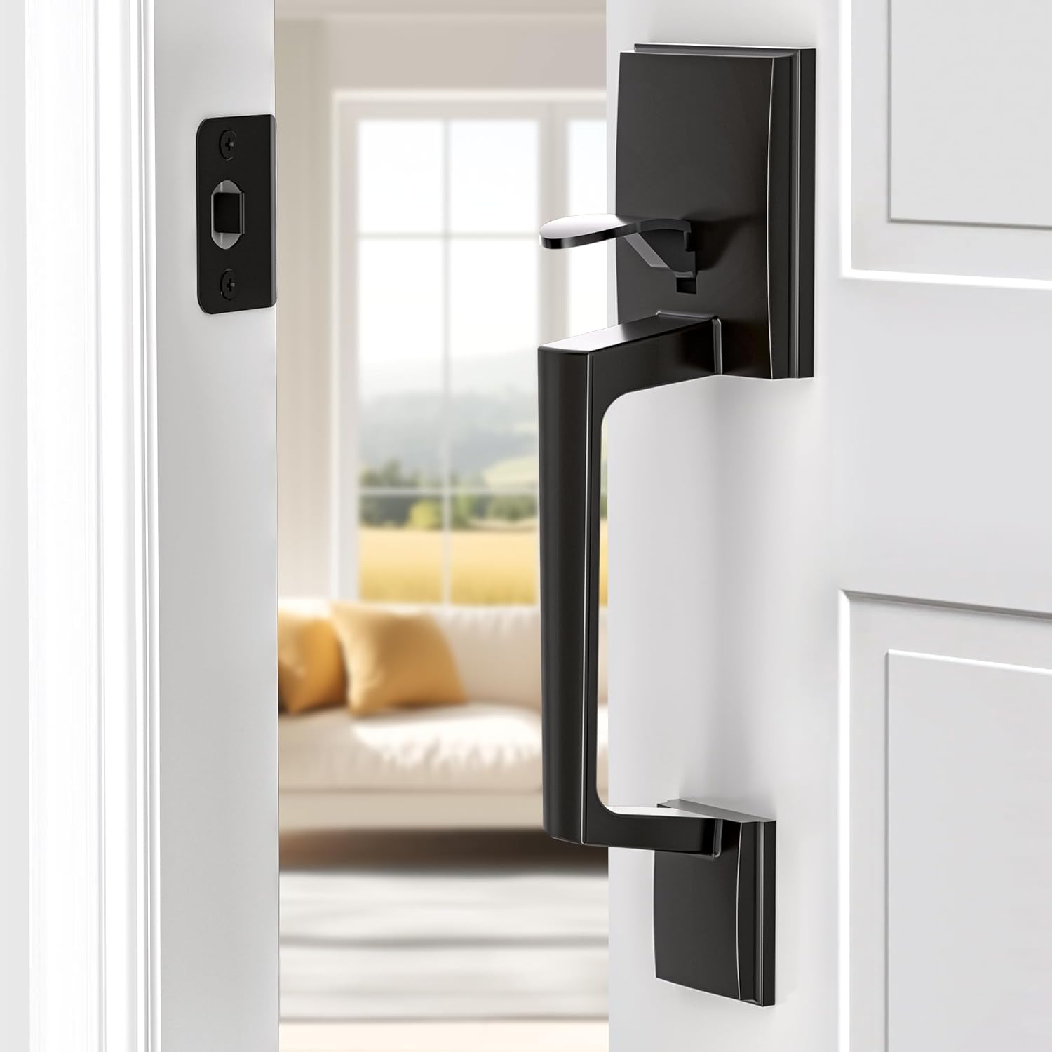 Matte Black Front Door Handle Set, Entry Handleset Exterior with Interior Reversible Door Knob, Non-Locking