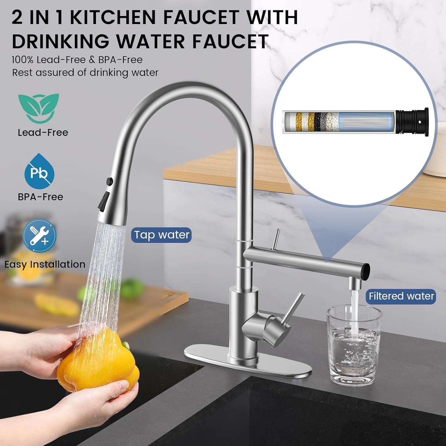 Kitchen Faucet — Upgraded Water-Filtering Kitchen Faucet (with Pull-Down Sprayer), Brushed Nickel Stainless Steel Construction, High-Arc Design